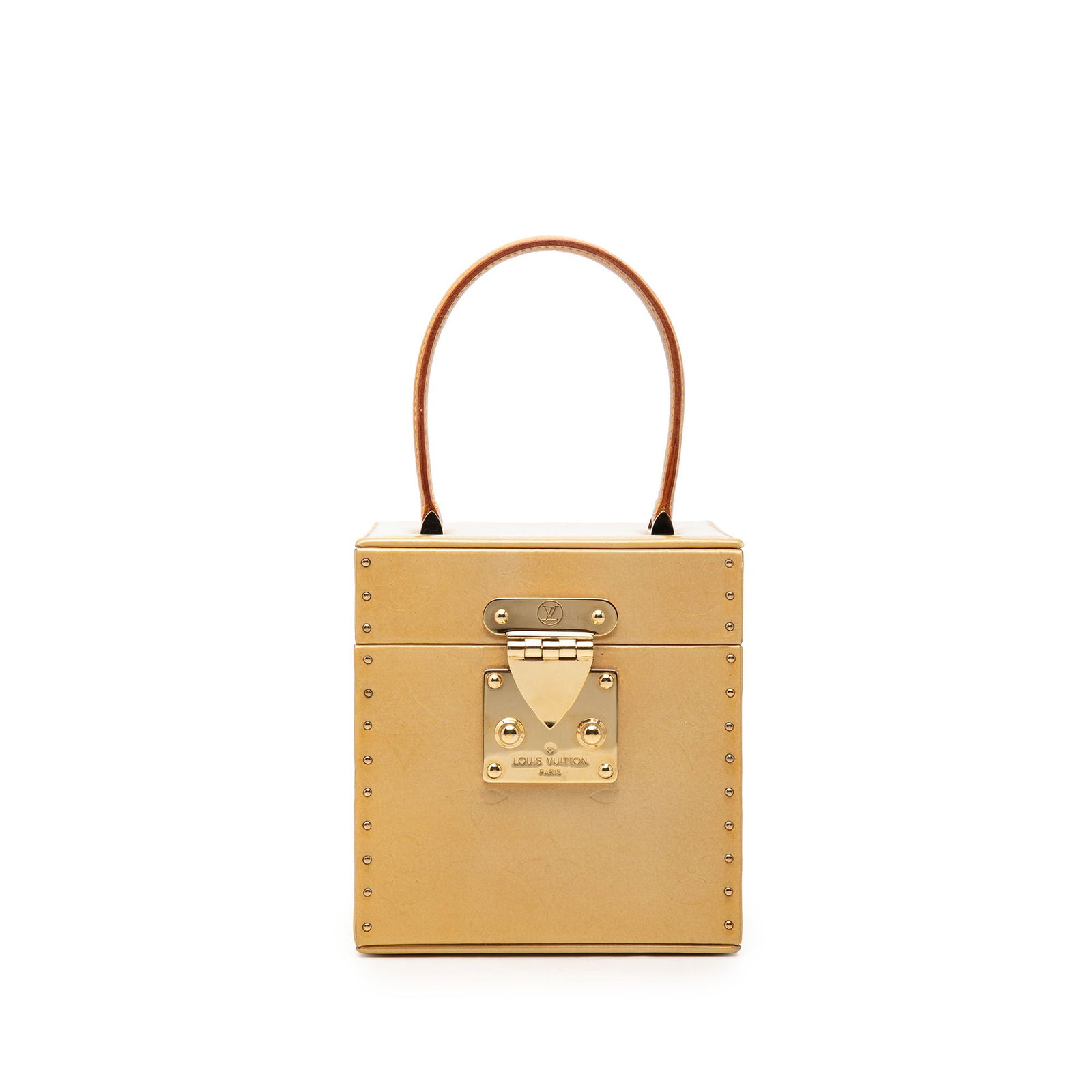 Louis Vuitton Bleecker Box Vanity Bag in Monogram Vernis Leather: Louis Vuitton Bleecker Box Vanity Bag in Monogram Vernis Leather Louis Vuitton Monogram Vernis Bleecker Box Vanity Bag crafted with a vernis leather body and a flat vachetta leather handle. The bag fe