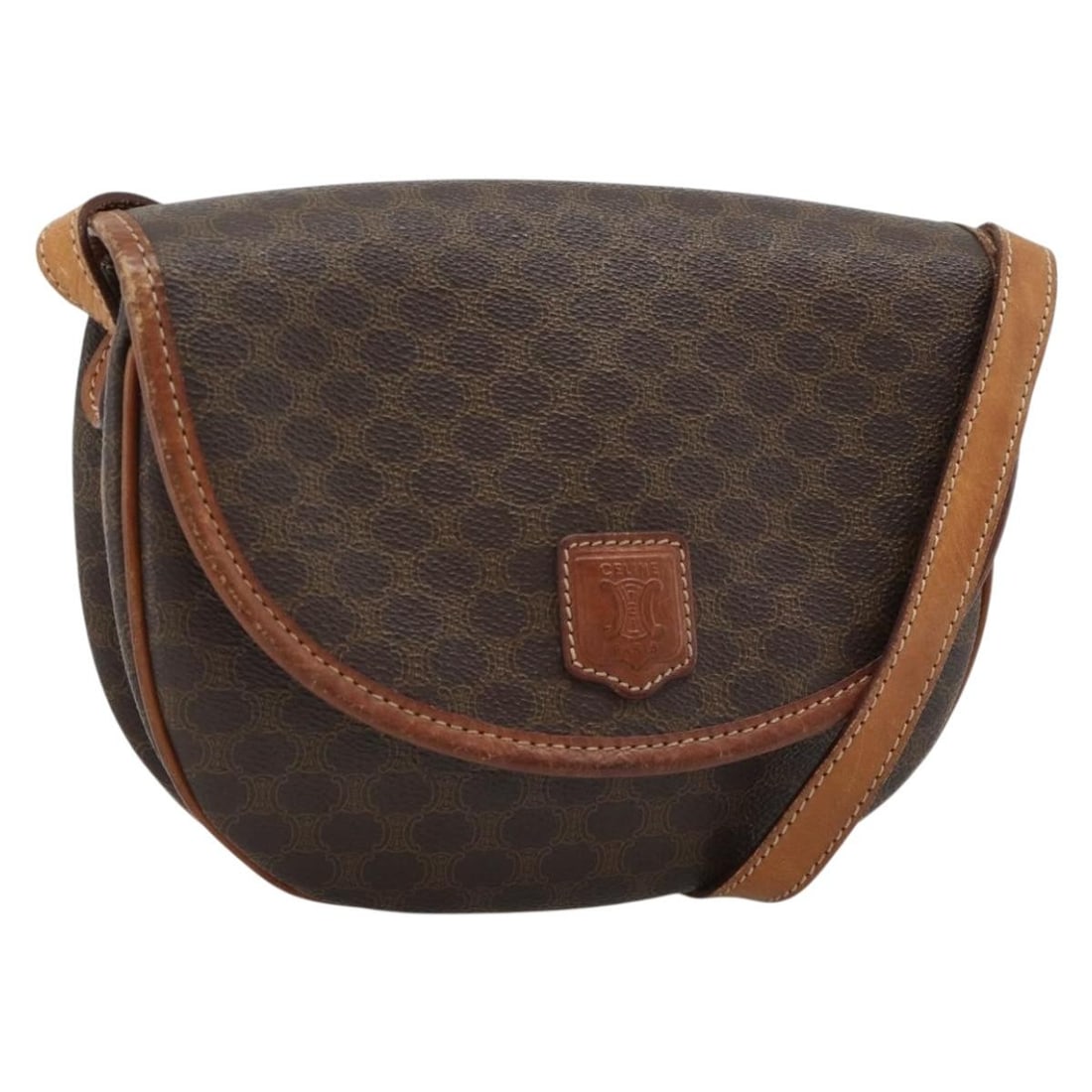 CELINE Macadam Shoulder Bag Brown PVC Leather Gold Tone: CELINE Macadam Shoulder Bag Brown PVC Leather Gold Tone Celine Macadam canvas shoulder bag in brown with gold-tone accents, made in Italy. This women's bag features a PVC leather and Macadam canvas co