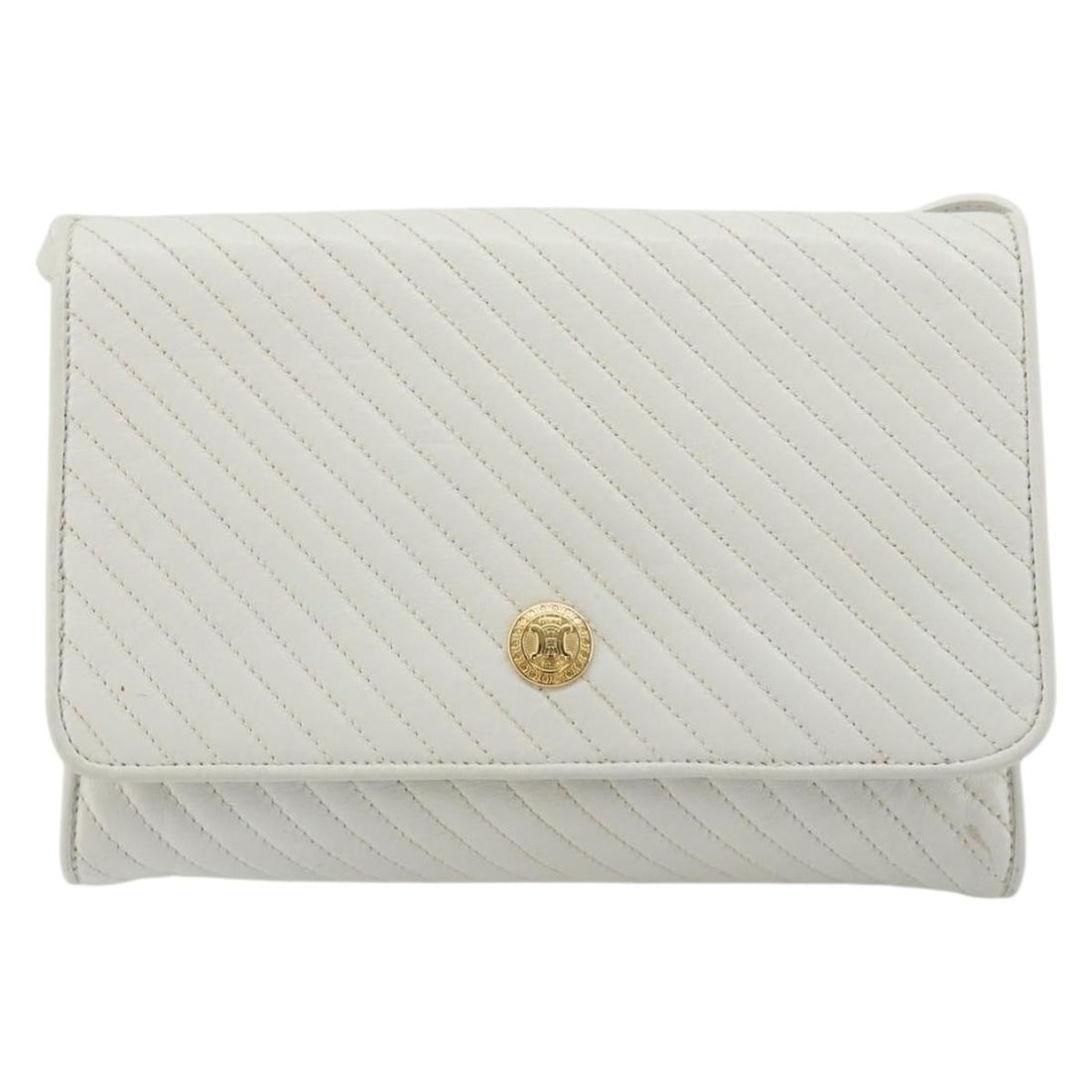 Celine Vintage Flap White Leather Shoulder Bag: Celine Vintage Flap White Leather Shoulder Bag Vintage Celine Flap shoulder bag crafted in white leather. This piece features a quilted design and shows fair overall condition with visible wear throug