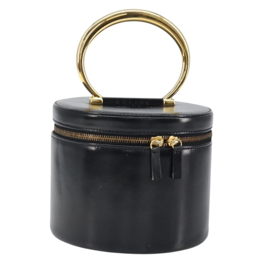 Celine Black Leather Vanity Handbag with Gold Accents and Dust Bag: Celine Black Leather Vanity Handbag with Gold Accents and Dust Bag This CELINE vanity handbag is crafted from black leather with gold-tone accents. Designed for women, it features a structured silhoue