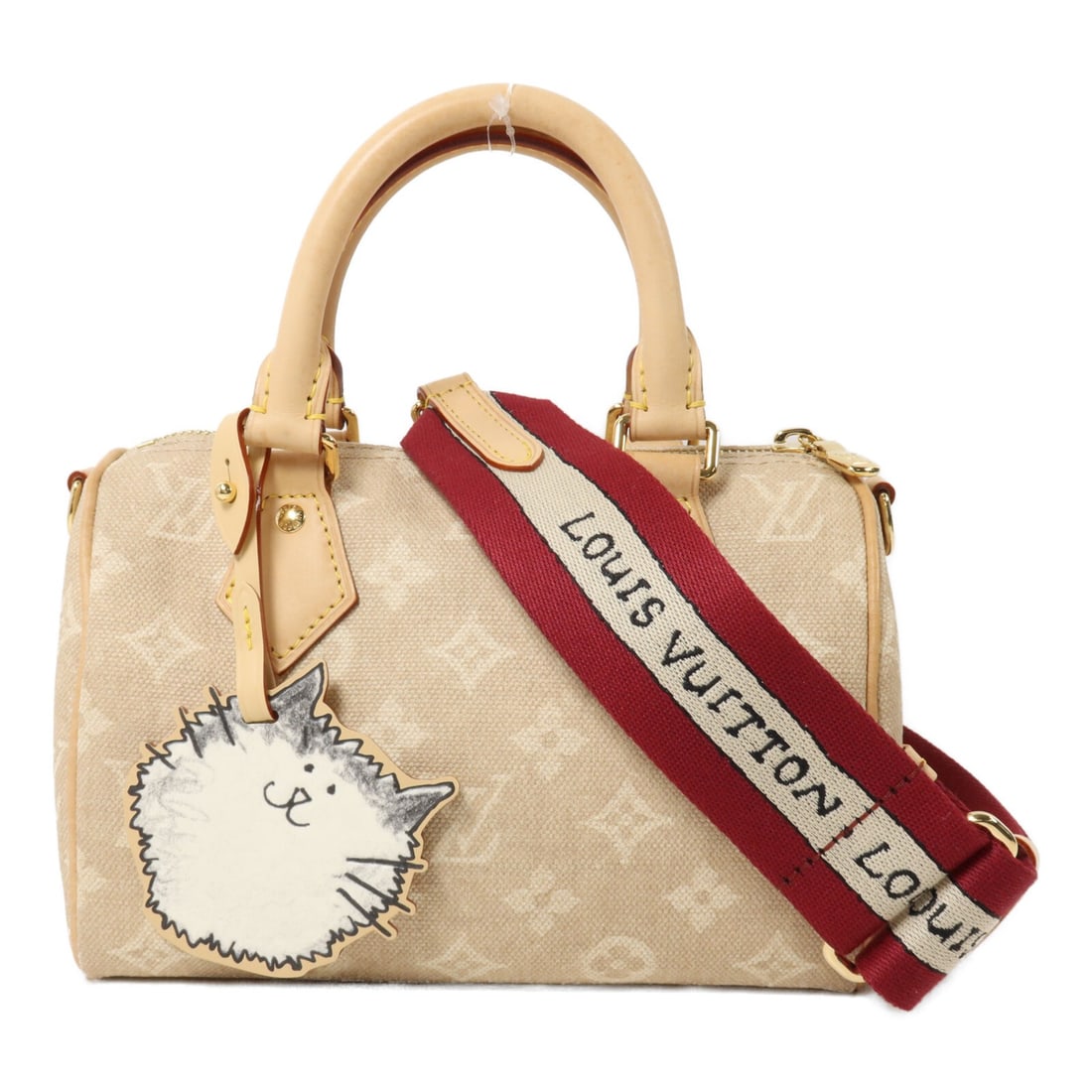 Louis Vuitton M15151 Speedy Bandouliere 20 Meowgram 2way Shoulder Bag: Louis Vuitton M15151 Speedy Bandouliere 20 Meowgram 2way Shoulder Bag Louis Vuitton Speedy Bandouliere 20 in Meowgram beige and red PVC coated canvas. This 2-way shoulder bag features a top handle, de