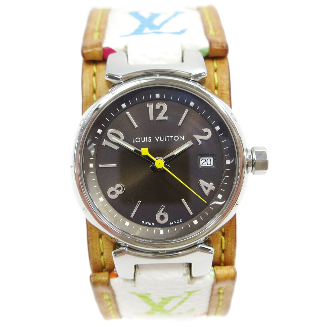 Louis Vuitton Tambour Q1211 Women's Quartz Wristwatch 24 mm Swiss Made: Louis Vuitton Tambour Q1211 Women's Quartz Wristwatch 24 mm Swiss Made Louis Vuitton Tambour quartz wristwatch for women, featuring a silver stainless steel case, black analog dial, and multicolor can