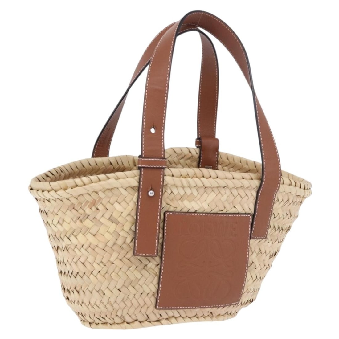 LOEWE Beige Silver Raffia Handbag with Dust Bag: LOEWE Beige Silver Raffia Handbag with Dust Bag LOEWE basket handbag in beige and silver with a dust bag included. Made in Spain, this women's handbag shows reasonable wear and tear consistent with co