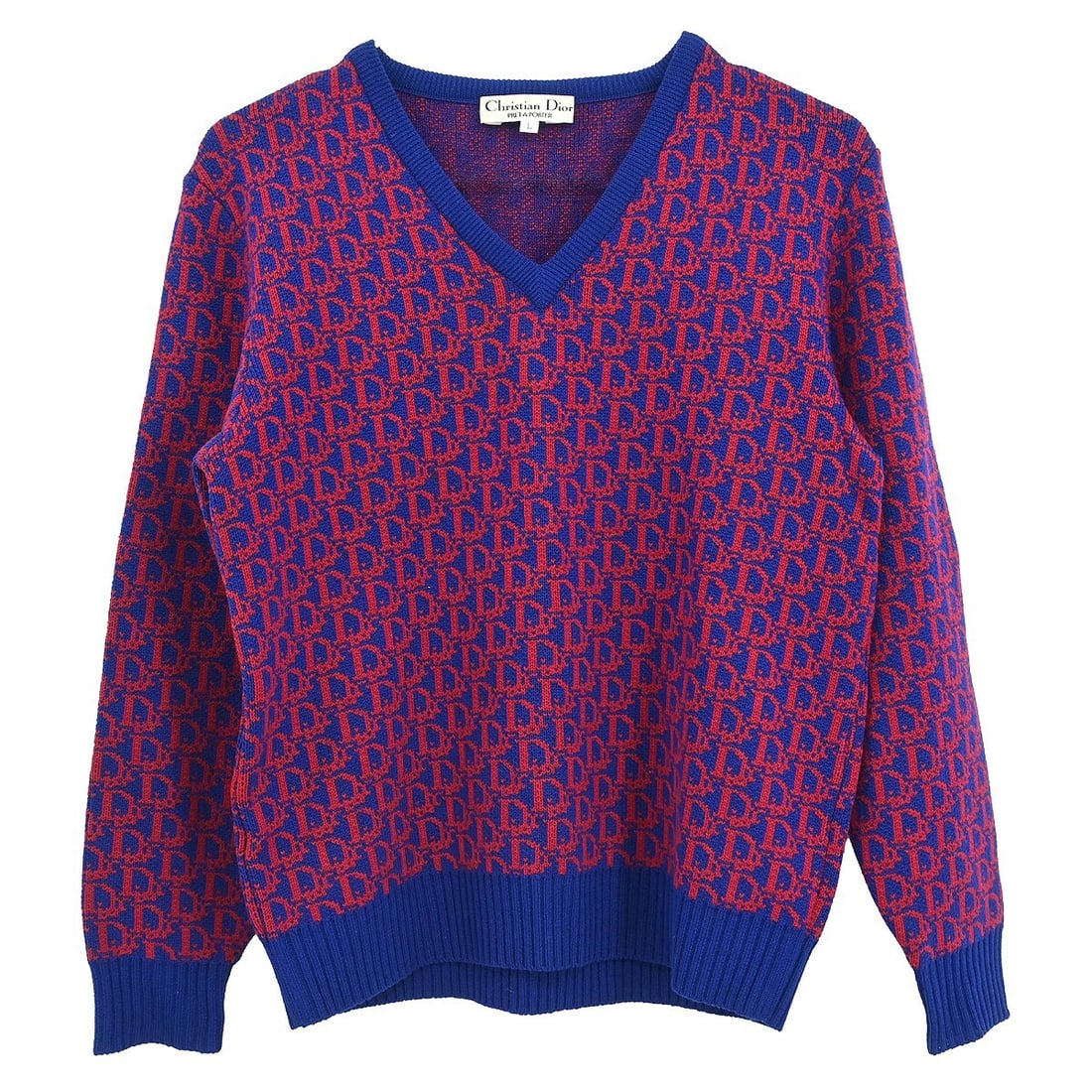 Dior Trotter Wool Long Sleeve Top Navy Red Size L: Dior Trotter Wool Long Sleeve Top Navy Red Size L Christian Dior long sleeve top in a navy and red Trotter pattern with logo accents. Designed with a regular fit and listed in women's size L, this woo