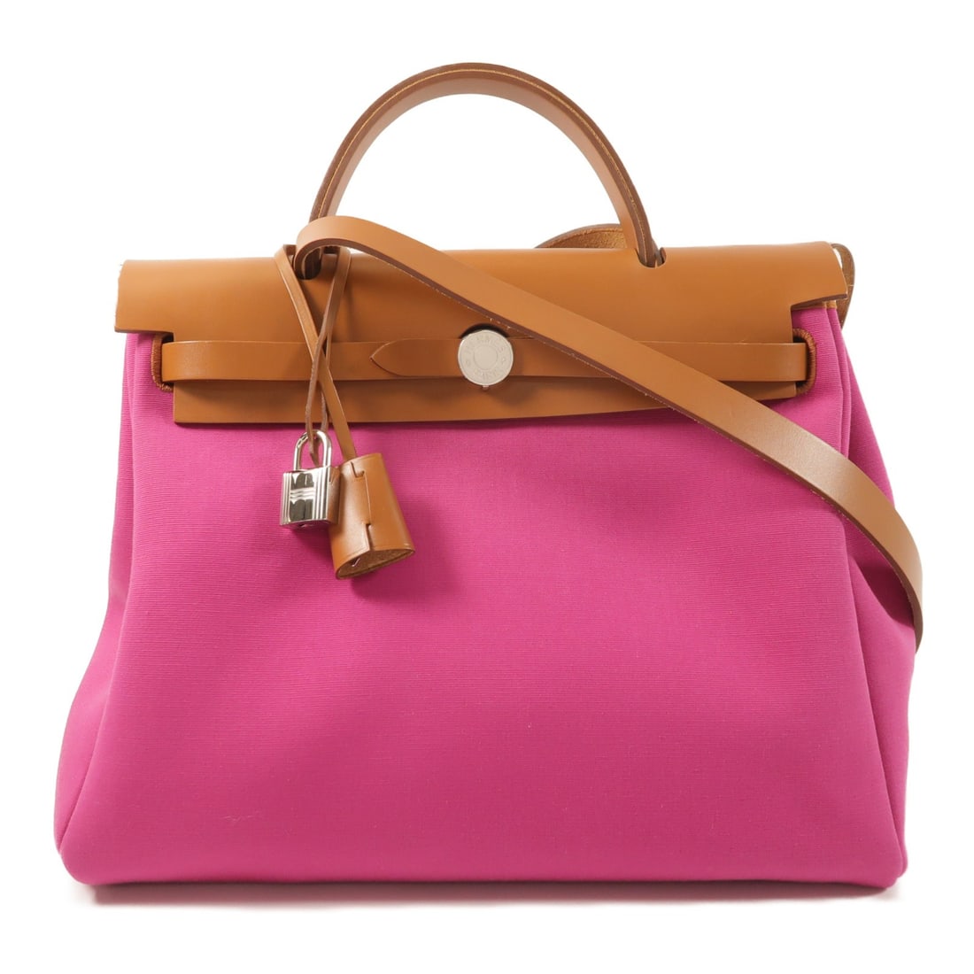 Hermes Herbag PM canvas 2 way shoulder bag Magnolia pink PHW: Hermes Herbag PM canvas 2 way shoulder bag Magnolia pink PHW Hermes Herbag PM 2-way shoulder bag in Magnolia pink canvas. This women's bag features a structured design with a flap closure, an exterior