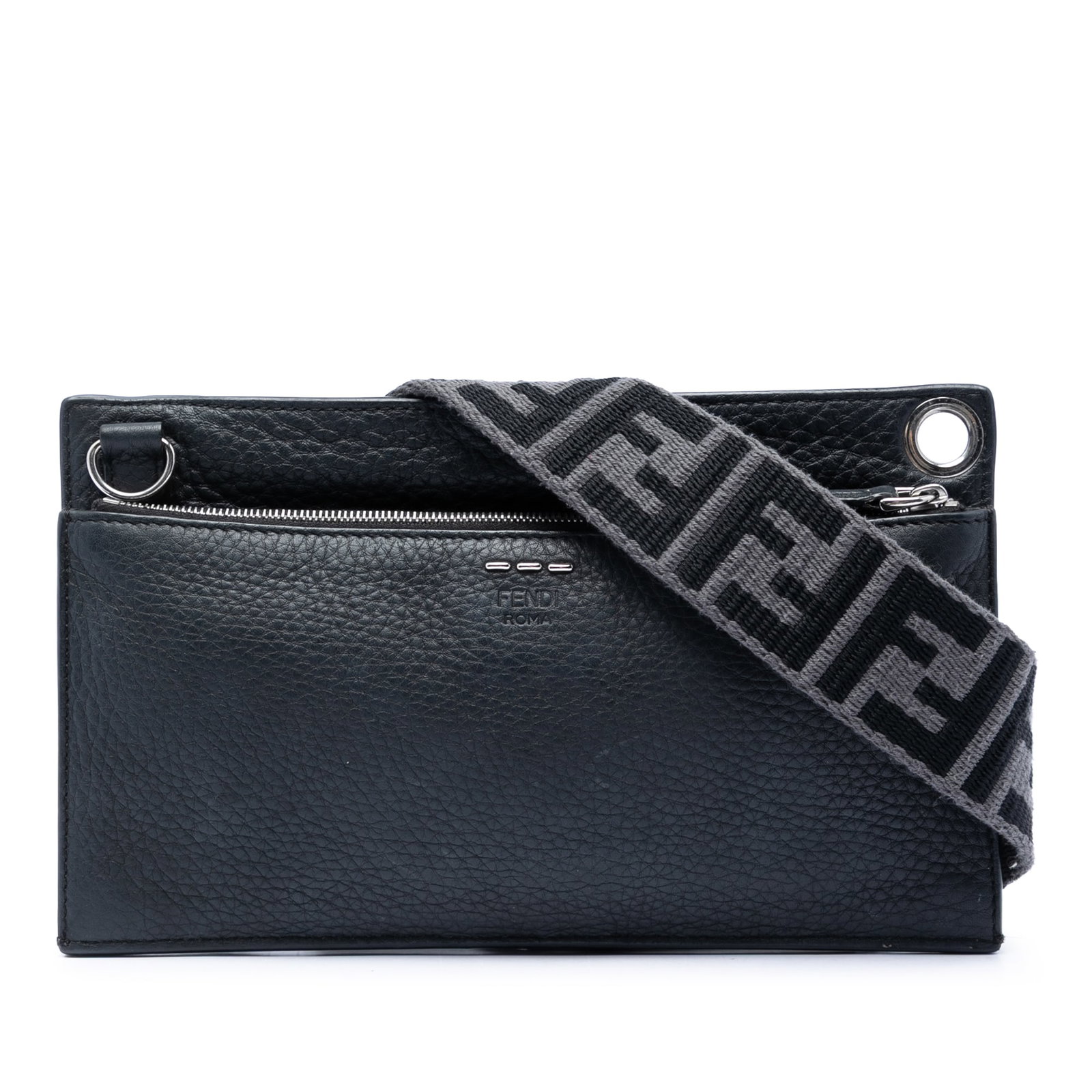 Fendi FF 1974 Flat Pouch Crossbody in Black Calfskin: Fendi FF 1974 Flat Pouch Crossbody in Black Calfskin This Fendi crossbody bag is crafted with a leather body in black and features a detachable flat strap, a flap with snap button closures, exterior z