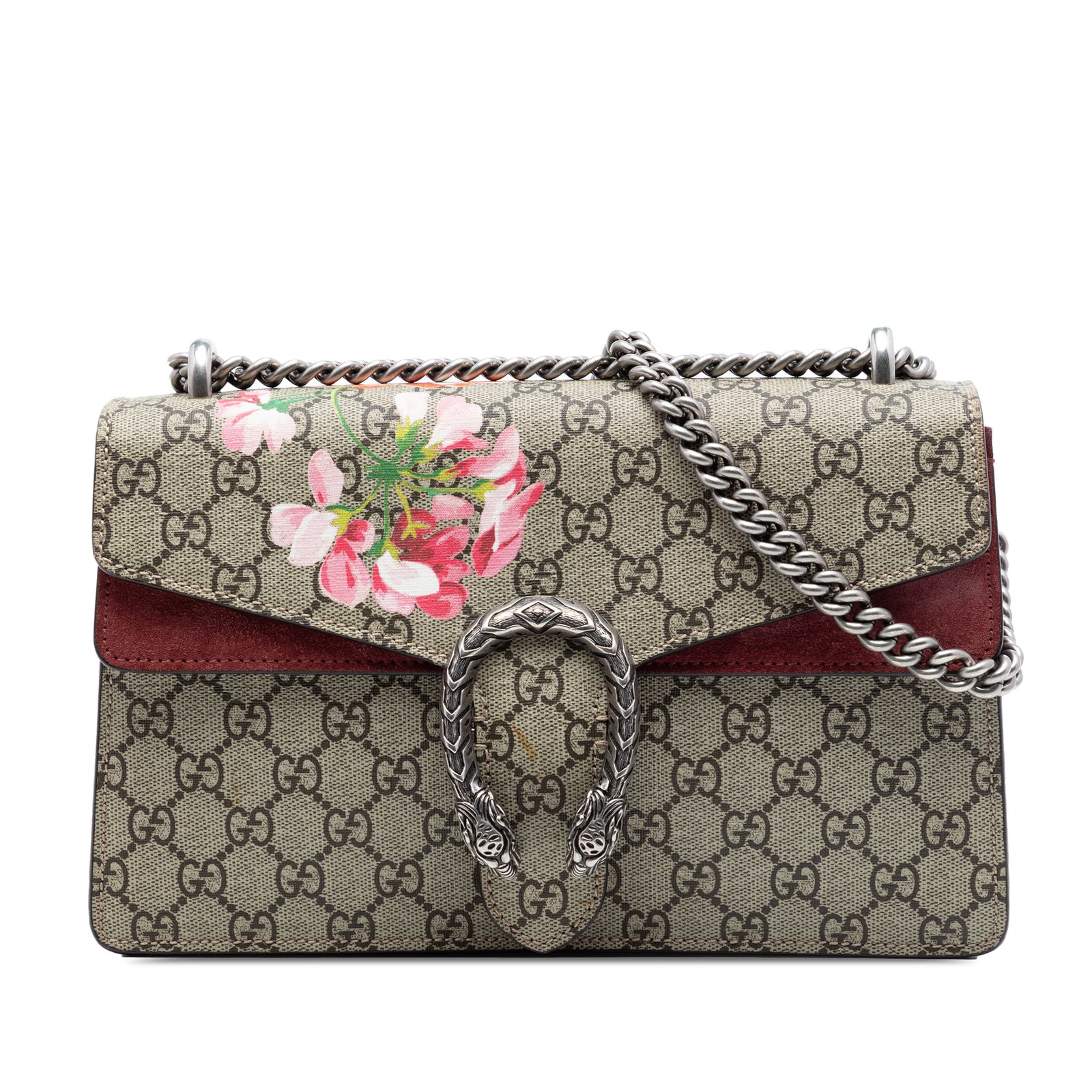 Gucci Dionysus Medium GG Supreme Blooms Shoulder Bag Beige: Gucci Dionysus Medium GG Supreme Blooms Shoulder Bag Beige Gucci Medium GG Supreme Blooms Dionysus shoulder bag with a coated canvas body, suede leather trim, chain link shoulder strap, front flap wit