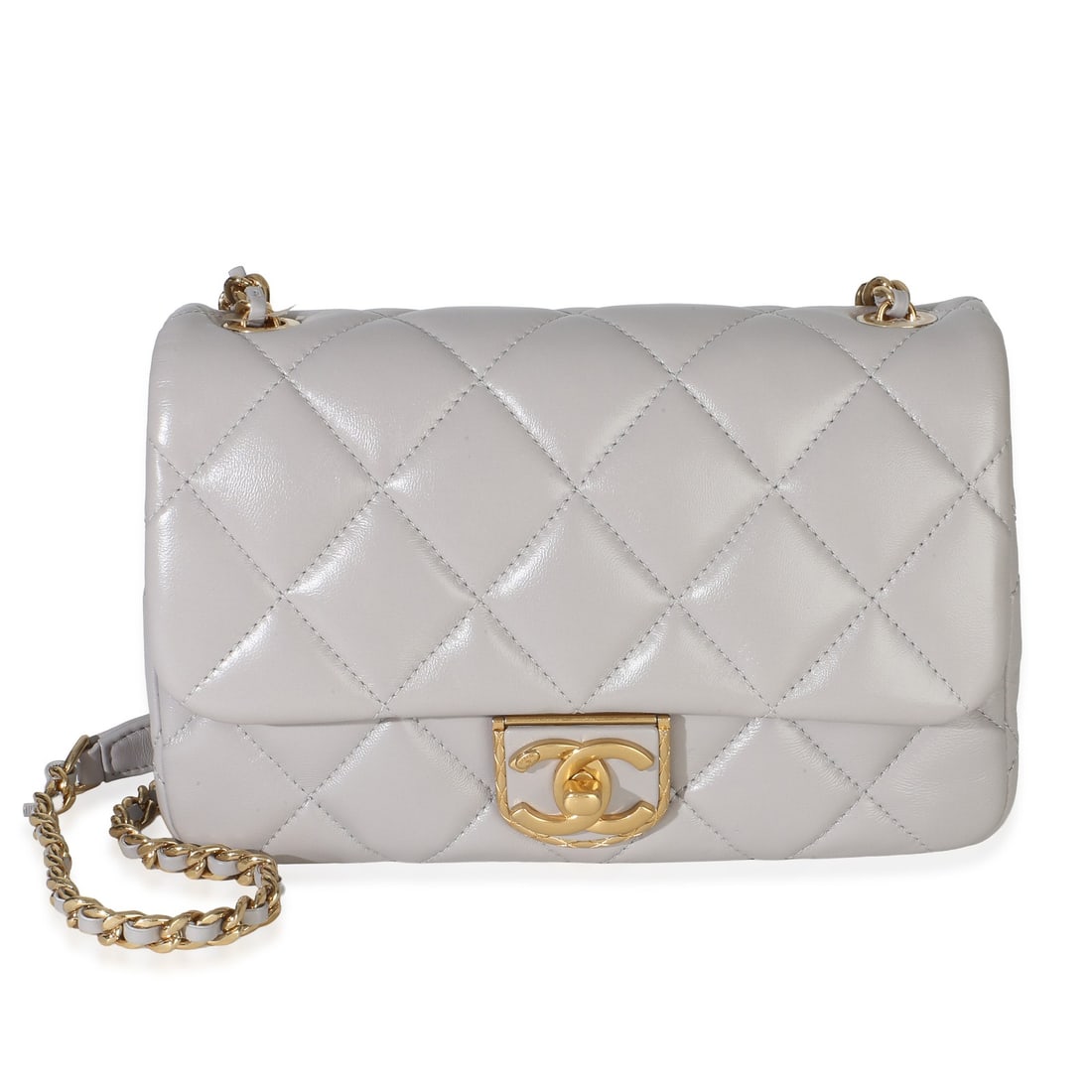 Chanel Mini Flap Shoulder Bag Gray Quilted Lambskin: Chanel Mini Flap Shoulder Bag Gray Quilted Lambskin Pre-owned Chanel Mini Flap Bag in gray quilted lambskin with a classic turnlock closure and gold-tone hardware. This shoulder bag includes the box a
