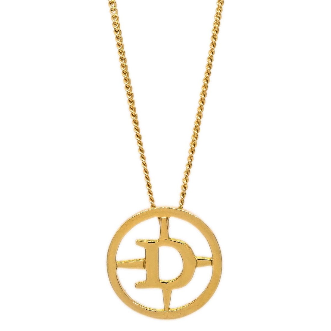 Dior vintage gold plated pendant necklace with charm: Dior vintage gold plated pendant necklace with charm Vintage Christian Dior pendant necklace in gold plated metal. This necklace features a charm-style pendant and includes the original box and care m