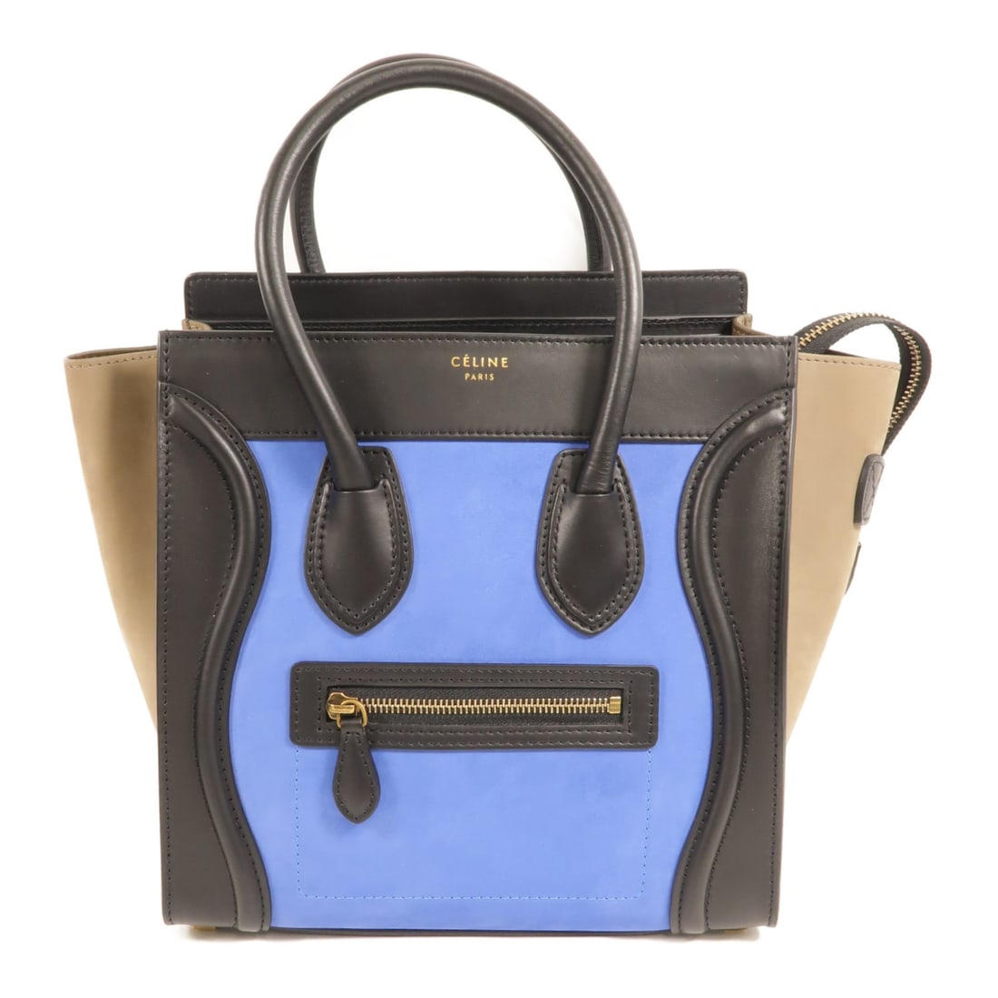 CELINE Micro Luggage Calfskin Handbag in Multicolor: CELINE Micro Luggage Calfskin Handbag in Multicolor Celine Micro Luggage handbag in multicolor calfskin leather with blue, black, and grey tones. This women's handbag features a structured silhouette,