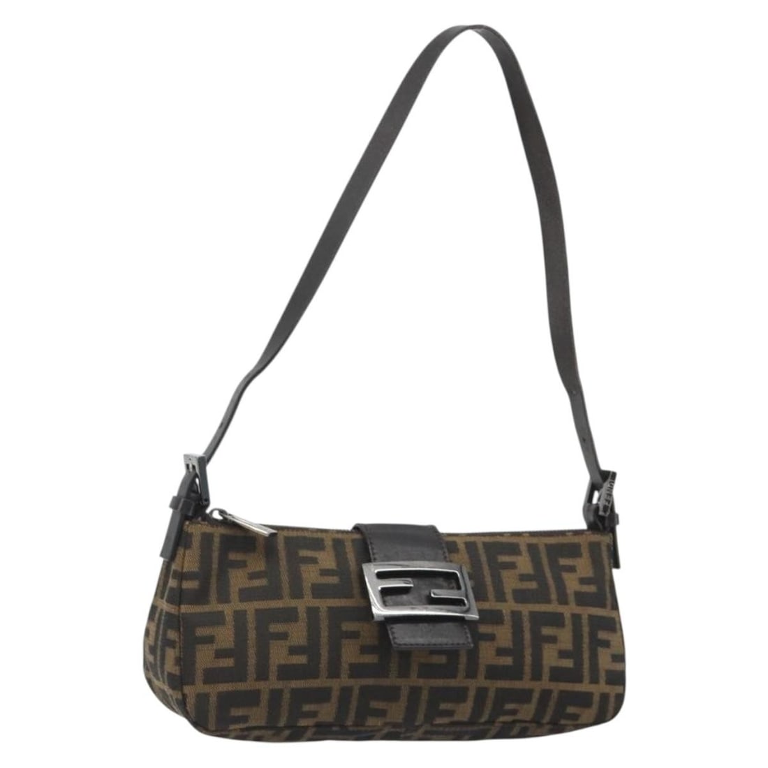 Fendi Mamma Baguette Shoulder Bag Zucca Canvas Black Brown Silver: Fendi Mamma Baguette Shoulder Bag Zucca Canvas Black Brown Silver Fendi Mamma Baguette shoulder bag in Zucca canvas with a black, silver, and brown colorway. Made in Italy, it comes with a dust bag an