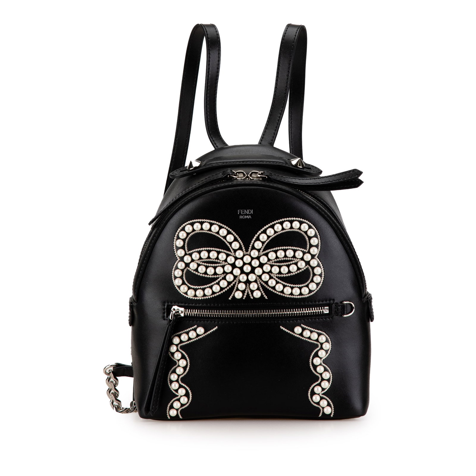 Fendi Mini By The Way Leather Pearl Backpack Black Italy: Fendi Mini By The Way Leather Pearl Backpack Black Italy This Fendi Mini By The Way Leather Ribbon Pearl Backpack showcases a chic design featuring a luxurious leather body adorned with faux pearl det