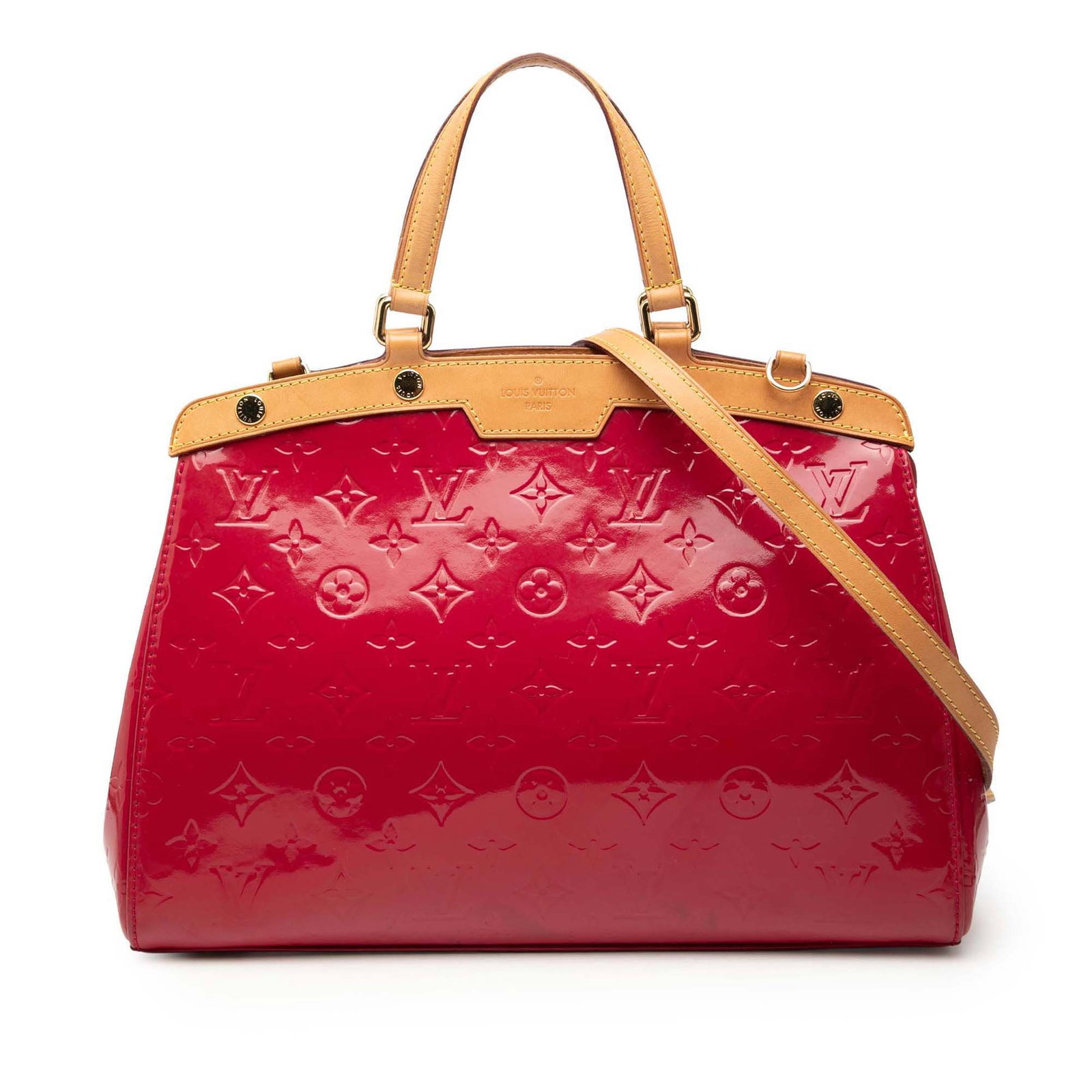 Red Vernis Leather Brea MM Satchel by Louis Vuitton with Detachable Strap: Red Vernis Leather Brea MM Satchel by Louis Vuitton with Detachable Strap This Louis Vuitton Monogram Vernis Brea MM features a monogram vernis leather body in red, complemented by flat vachetta leath