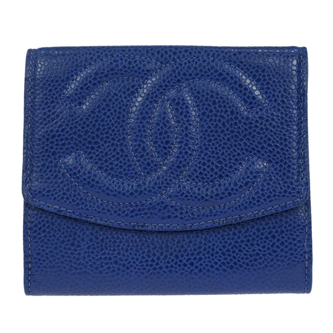 Chanel Caviar Calfskin Wristlet Coin Wallet in Blue: Chanel Caviar Calfskin Wristlet Coin Wallet in Blue Blue Chanel coin wallet purse in caviar skin leather with a wristlet-style design. The interior includes multiple storage compartments for coins, bi