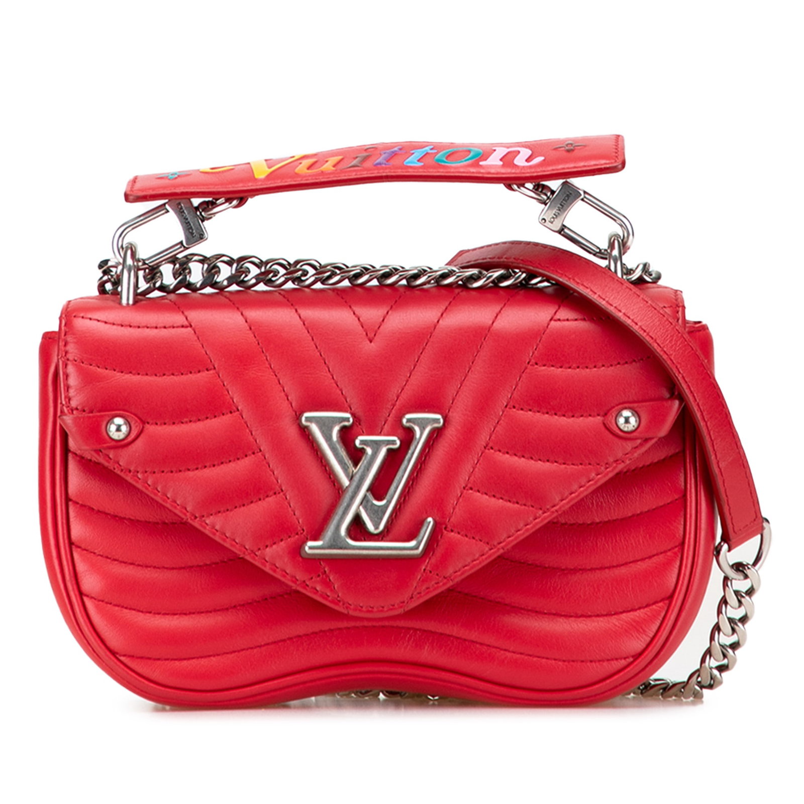 Louis Vuitton New Wave Chain Bag PM Red Leather Italy: Louis Vuitton New Wave Chain Bag PM Red Leather Italy The Louis Vuitton New Wave Chain Bag PM is a stylish accessory crafted from high-quality leather. This bag features a detachable top flat leather 