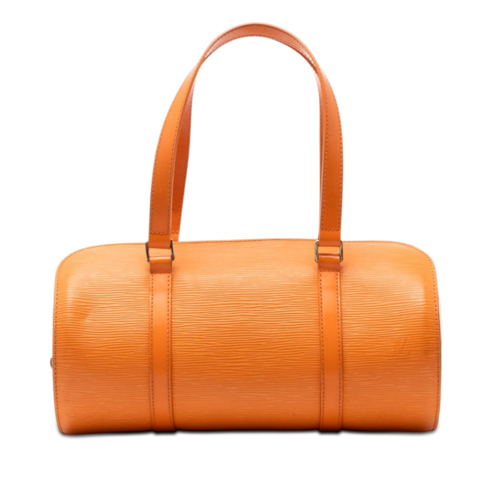 Louis Vuitton Soufflot Epi Leather Orange Handbag with Top Zip: Louis Vuitton Soufflot Epi Leather Orange Handbag with Top Zip This Louis Vuitton Epi Soufflot bag features an orange epi leather body, flat leather straps, a top zip closure, and an interior slip poc