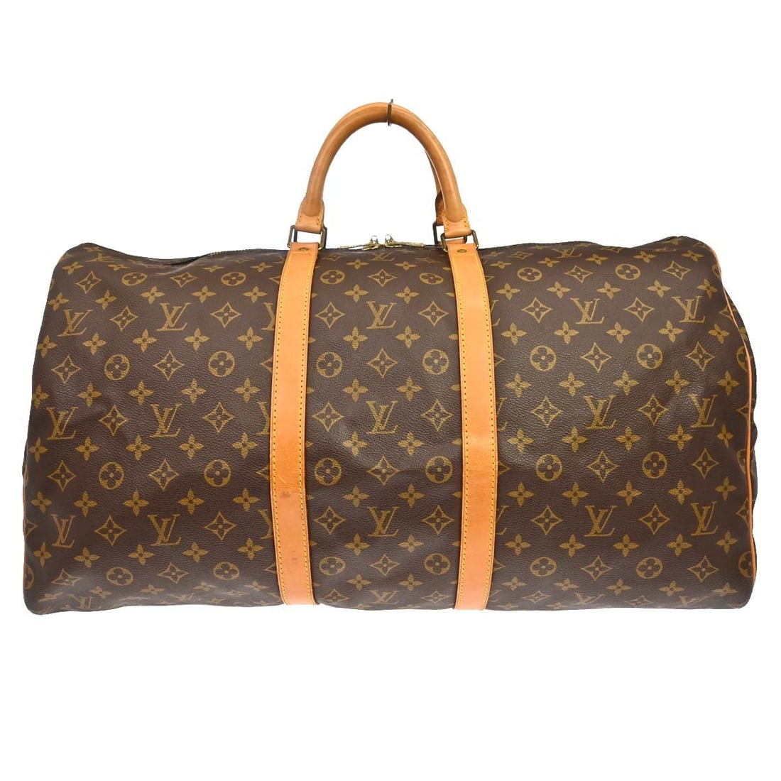 Louis Vuitton Keepall 55 Monogram Canvas Duffle Bag M41424: Louis Vuitton Keepall 55 Monogram Canvas Duffle Bag M41424 Vintage Louis Vuitton Keepall 55 travel handbag in brown Monogram canvas with leather trim and double handles. This extra-large duffle-style 