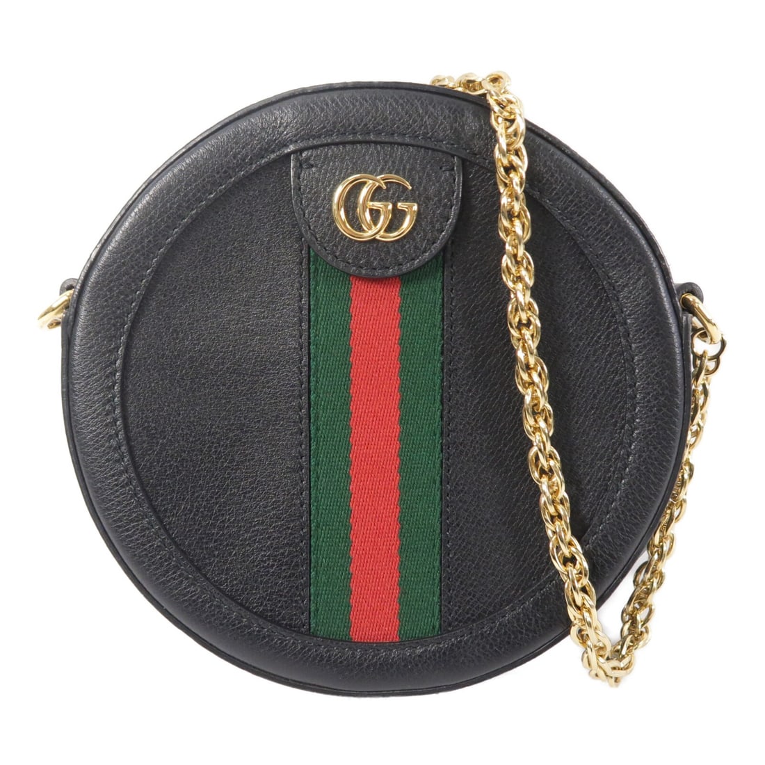 Gucci Ophidia 550618 Mini Round Shoulder Bag Black Calfskin: Gucci Ophidia 550618 Mini Round Shoulder Bag Black Calfskin Mini round shoulder bag from the Ophidia line in black calfskin leather with chain strap and GG hardware. This women's shoulder bag is made 