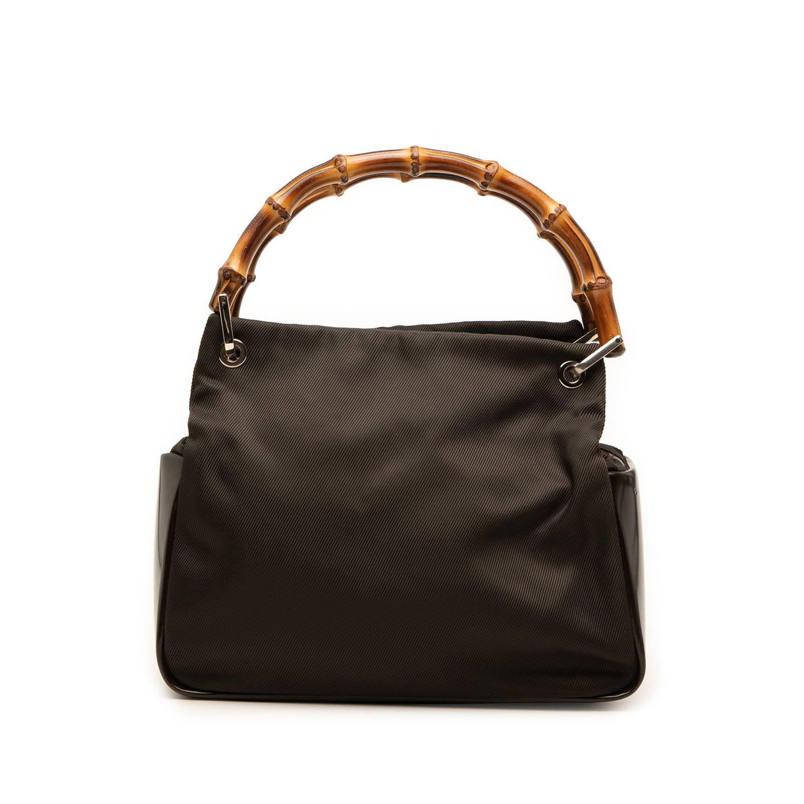 Gucci Nylon Bamboo Brown Handbag with Leather Trim: Gucci Nylon Bamboo Brown Handbag with Leather Trim Gucci Nylon Bamboo Handbag with a nylon body, leather trim, bamboo handles, top zip closure, and an interior zip pocket. Made in Italy. Condition is 