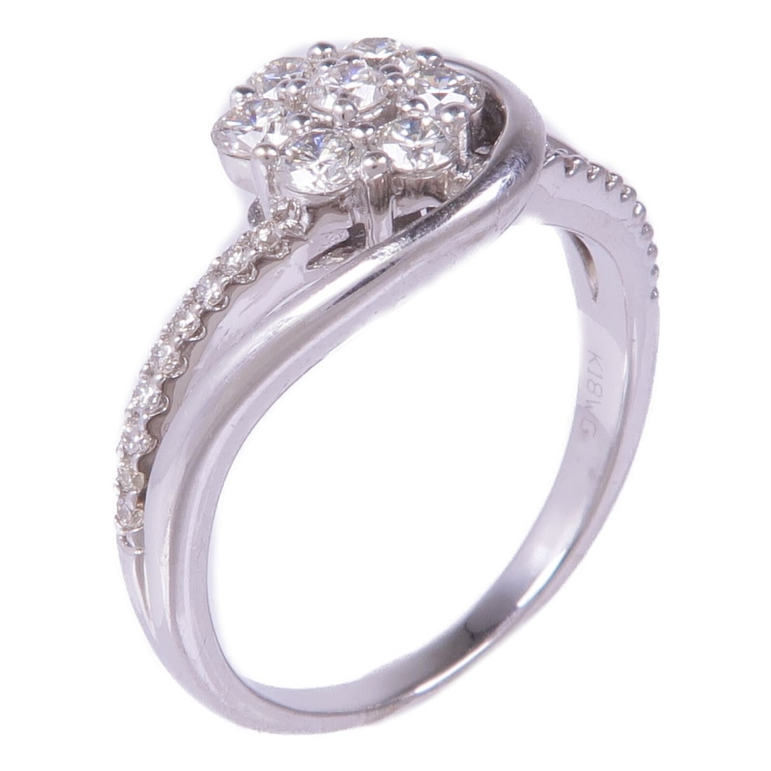 18K White Gold Diamond Ring Size 7 for Women: 18K White Gold Diamond Ring Size 7 for Women Women's ring in K18WG white gold with diamond accents. The ring is size 7 and features a clear diamond main stone. It is described as very good condition a