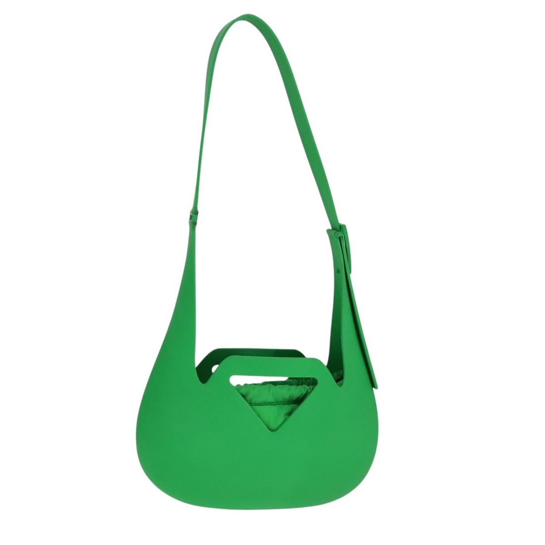 Green Rubber Shoulder Bag by Bottega Veneta with Triangle Detail: Green Rubber Shoulder Bag by Bottega Veneta with Triangle Detail This Bottega Veneta Triangle Punch shoulder bag features a striking green rubber exterior and a sleek, modern silhouette. Designed for 