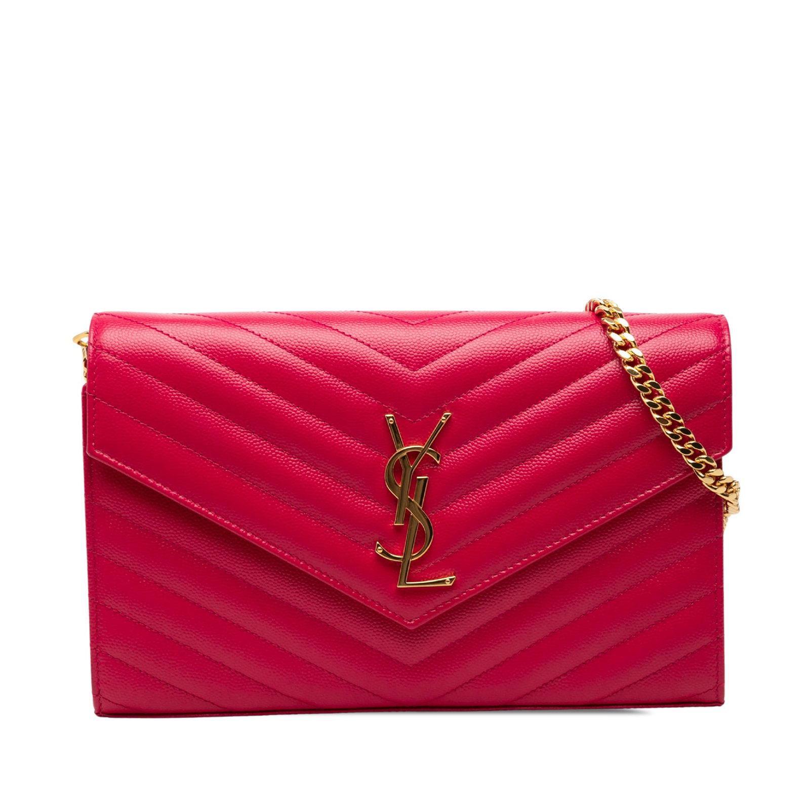 Saint Laurent Monogram Envelope Chain Wallet Pink Quilted Leather: Saint Laurent Monogram Envelope Chain Wallet Pink Quilted Leather Saint Laurent Grain De Poudre Chevron Monogram Envelope Chain Wallet in pink quilted leather. This crossbody style features a chain sh