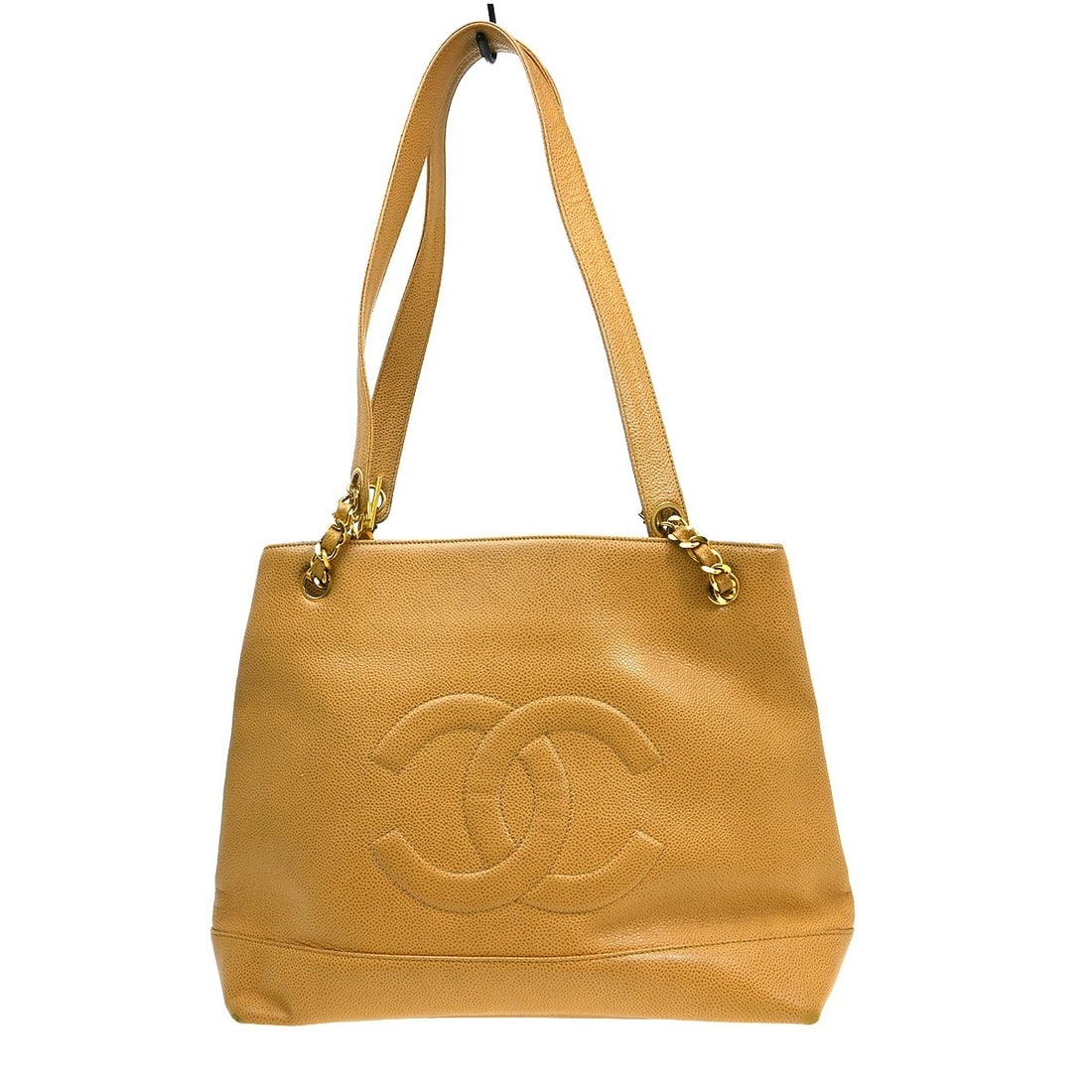 Chanel Vintage Timeless Chain Beige Caviar Leather Bag: Chanel Vintage Timeless Chain Beige Caviar Leather Bag Vintage Timeless Chain handbag in beige leather with a good overall condition. The exterior shows light scuffing, dirt, and corner scuffing, whil