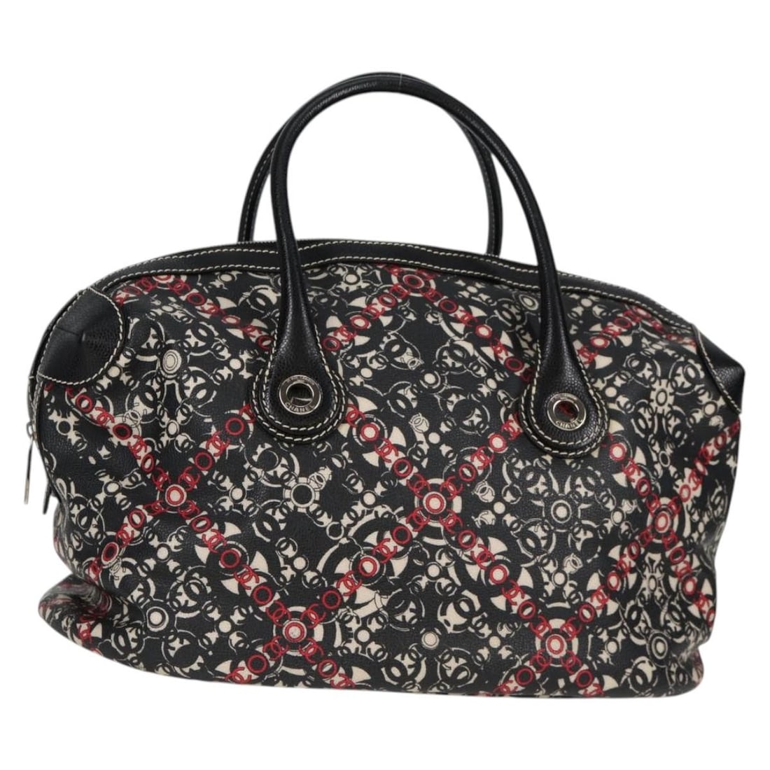 CHANEL Coco Travel Boston Bag Black PVC Leather Silver CC: CHANEL Coco Travel Boston Bag Black PVC Leather Silver CC CHANEL Coco Travel Boston Bag in black and silver PVC leather, made in Italy. This women's Boston bag measures approximately 37 cm W x 24 cm H