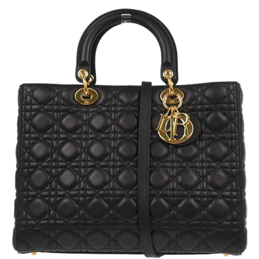 Dior Lady Dior large black lambskin satchel with strap: Dior Lady Dior large black lambskin satchel with strap Christian Dior Lady Dior Cannage 2-way handbag in black lambskin with quilted detailing. This satchel-style top handle bag features double handle