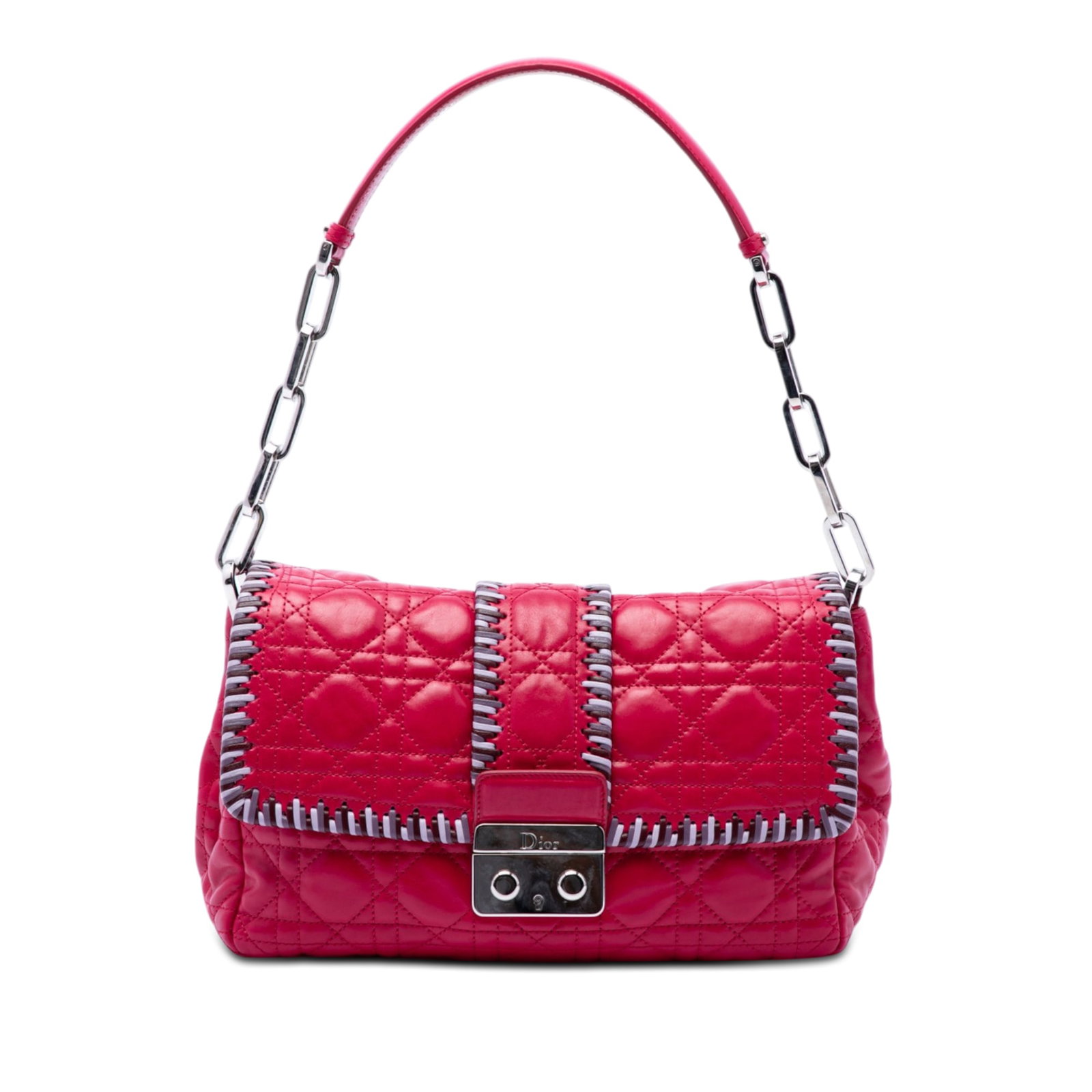 Dior New Lock Whipstitch Chain Flap Shoulder Bag Pink Lambskin: Dior New Lock Whipstitch Chain Flap Shoulder Bag Pink Lambskin A Dior shoulder bag in pink quilted lambskin leather with a Cannage pattern and whipstitch chain detail. It features a chain link strap w