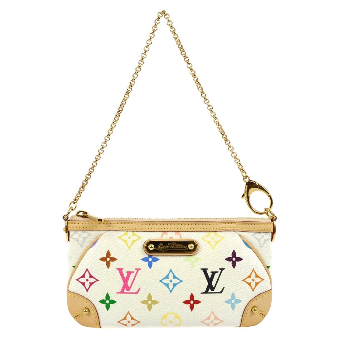 Louis Vuitton Pochette Milla MM White Multicolor Chain Shoulder Bag: Louis Vuitton Pochette Milla MM White Multicolor Chain Shoulder Bag Louis Vuitton Pochette Milla MM chain handbag in white Monogram Multicolor canvas with leather trim. This small top-handle handbag f