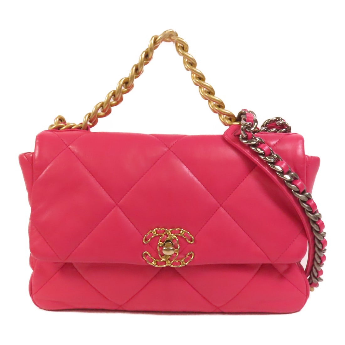 CHANEL C19 Medium 2Way Shoulder Bag Pink Lambskin CC GHW: CHANEL C19 Medium 2Way Shoulder Bag Pink Lambskin CC GHW A CHANEL medium 2-way shoulder bag in pink lambskin (sheep leather) with a turn-lock closure and CC hardware. The bag features one outside magn