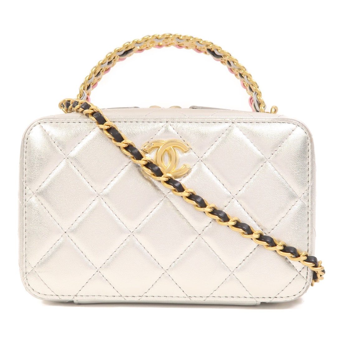 CHANEL Vanity Case 2 Way Shoulder Bag Silver Calfskin CC SHW: CHANEL Vanity Case 2 Way Shoulder Bag Silver Calfskin CC SHW Chanel CC vanity case designed as a 2-way shoulder bag in silver calfskin leather. This women's bag features a compact structured silhouett