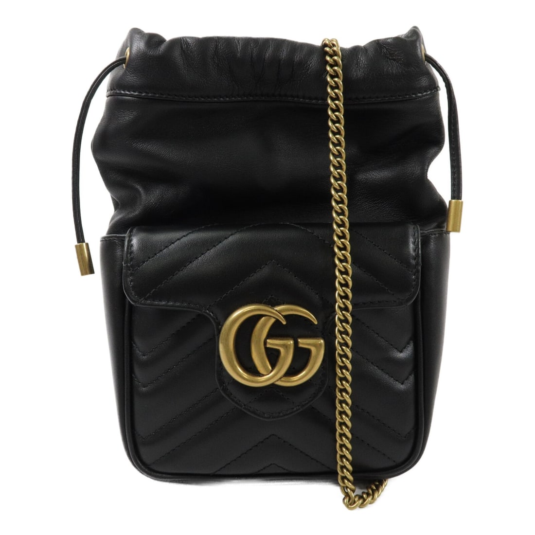 Gucci 746433 GG Marmont mini bucket shoulder bag black calfskin: Gucci 746433 GG Marmont mini bucket shoulder bag black calfskin Gucci GG Marmont mini bucket chain shoulder bag in black calfskin leather. This women's shoulder bag features a compact bucket silhouett
