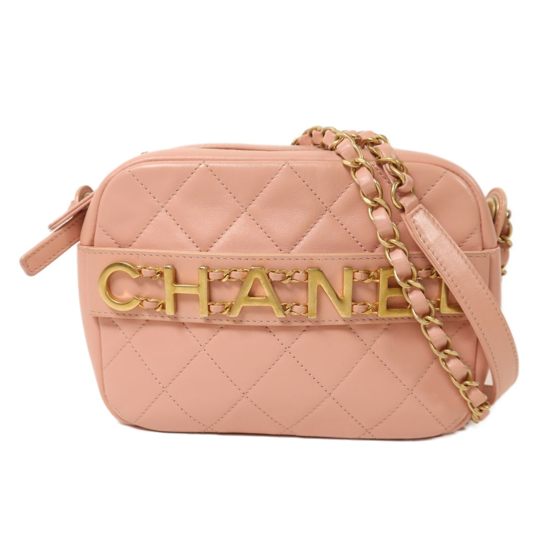 CHANEL CC Camera Chain Shoulder Bag Pink Calfskin GHW: CHANEL CC Camera Chain Shoulder Bag Pink Calfskin GHW Chanel camera chain shoulder bag in pink calfskin leather with CC detailing and a chain shoulder strap. This women's shoulder bag includes a magne