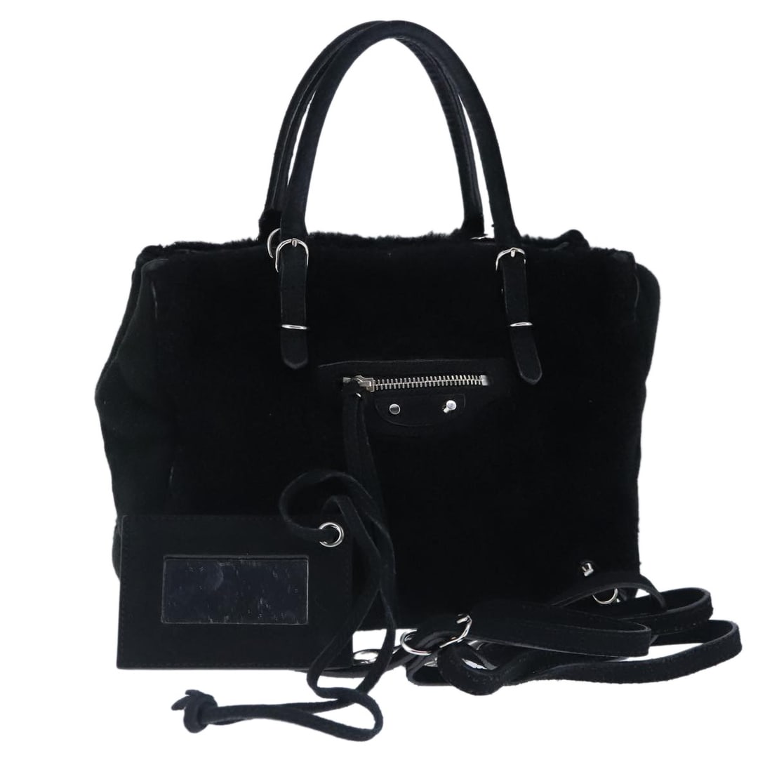 Balenciaga 305572 suede 2way handbag black silver with strap mirror: Balenciaga 305572 suede 2way handbag black silver with strap mirror Balenciaga suede 2-way handbag in black and silver, designed for women and made in Italy. This bag includes a dust bag, shoulder str