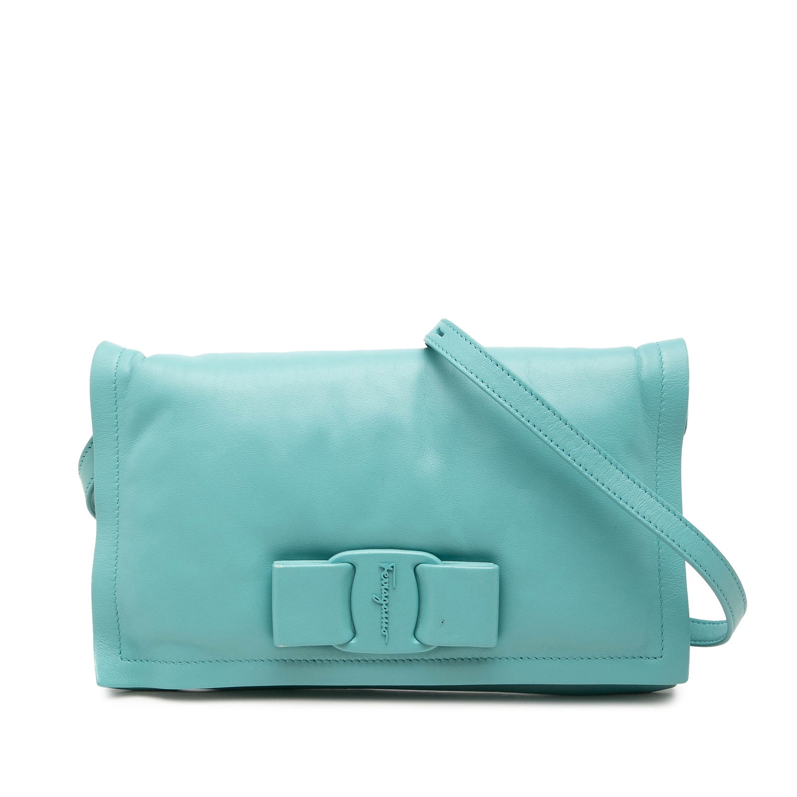 Ferragamo Viva Bow Mini Leather Crossbody Bag Blue: Ferragamo Viva Bow Mini Leather Crossbody Bag Blue A Ferragamo Mini Padded Leather Viva Bow Crossbody bag in blue leather, made in Italy. It features a padded leather body with bow detail, an adjustab