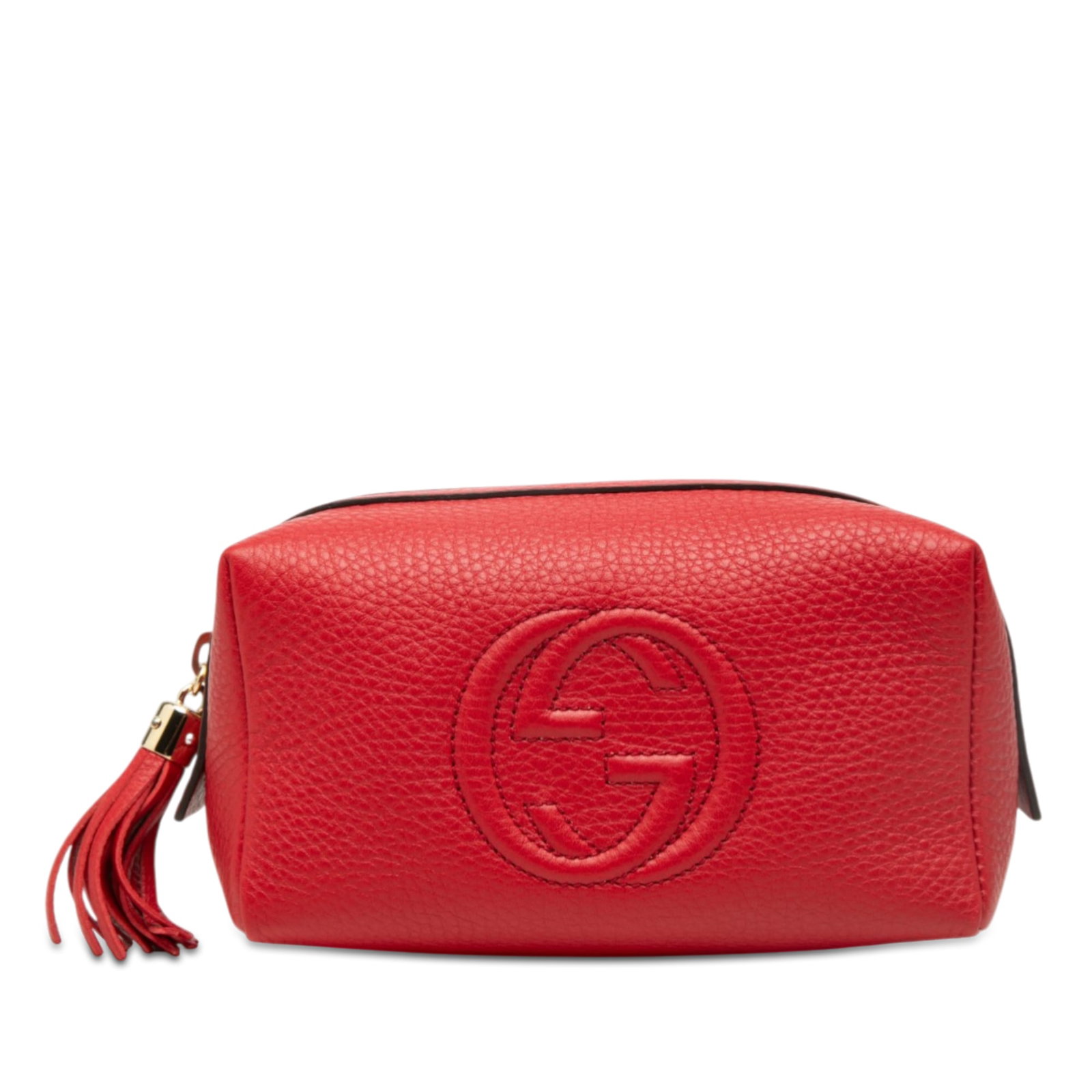 Gucci Soho Leather Cosmetic Pouch Red Zip Tassel: Gucci Soho Leather Cosmetic Pouch Red Zip Tassel Gucci Soho cosmetic pouch crafted in red leather with a top zip closure and tassel leather pull. The interior includes a slip pocket. Condition AB with