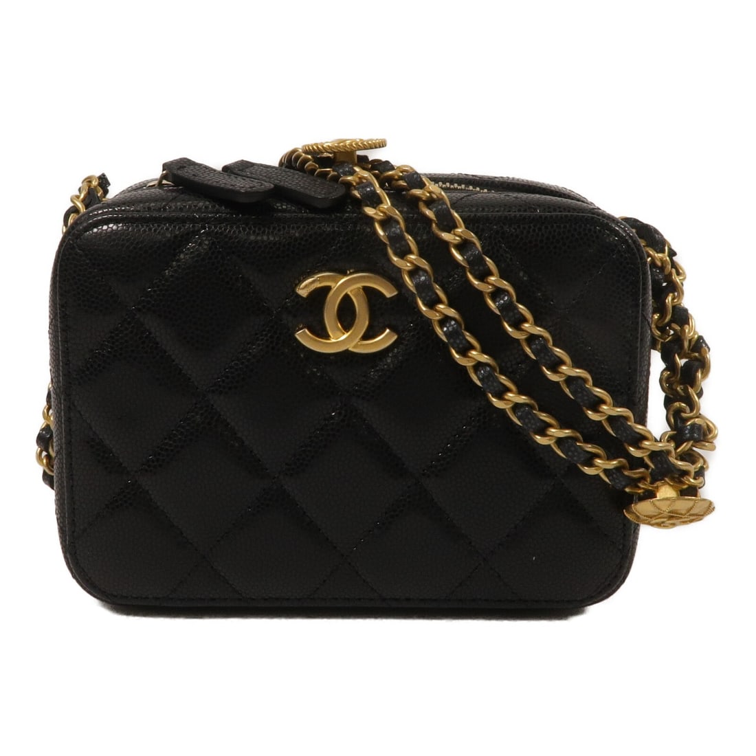 CHANEL AP2858 CC Camera Shoulder Bag Black Calfskin Chain Strap: CHANEL AP2858 CC Camera Shoulder Bag Black Calfskin Chain Strap Chanel camera-style chain shoulder bag in black calfskin leather with CC detailing and a compact structured silhouette. Designed for wom