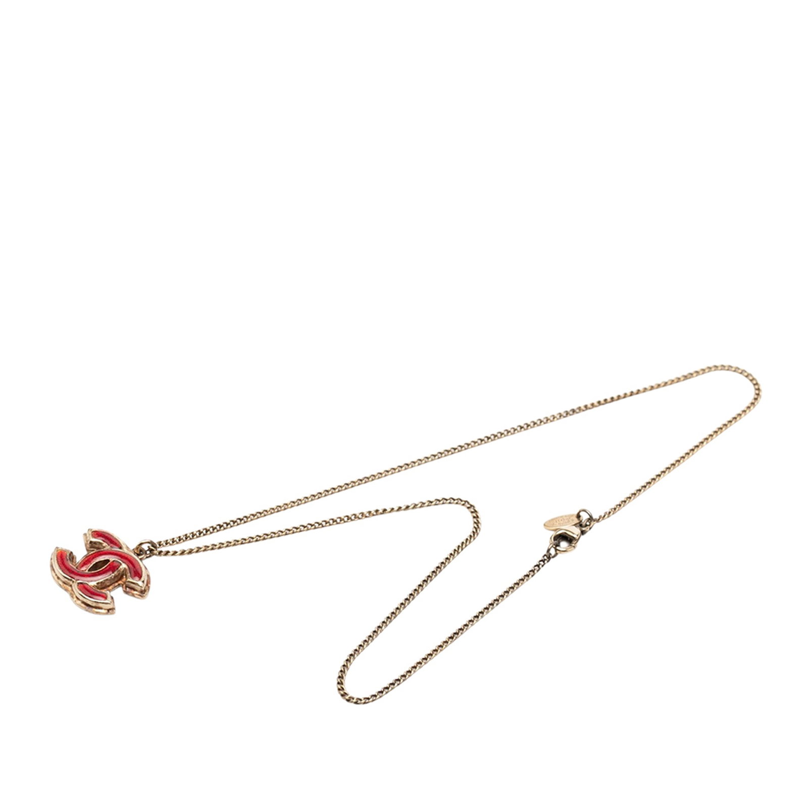 Chanel CC enamel pendant necklace in gold plated metal: Chanel CC enamel pendant necklace in gold plated metal Chanel CC pendant necklace featuring a gold plated metal body with an enamel CC pendant and lobster clasp closure. This costume jewelry piece is 