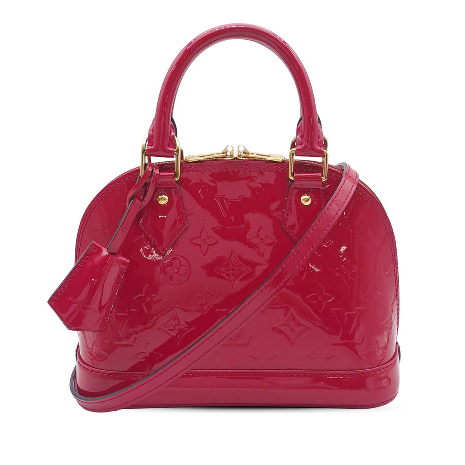 Louis Vuitton Alma BB Monogram Vernis Pink Leather Handbag: Louis Vuitton Alma BB Monogram Vernis Pink Leather Handbag Louis Vuitton Monogram Vernis Alma BB handbag in pink leather with rolled top handles, a detachable flat leather strap, top zip closure, and 