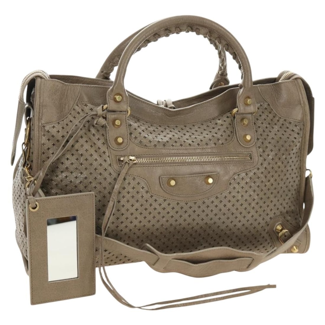 Balenciaga 115748 The City leather 2way handbag beige gold: Balenciaga 115748 The City leather 2way handbag beige gold Balenciaga The City 2-way handbag in beige and gold leather. Made in Italy, this women's bag includes a shoulder strap, dust bag, and mirror.