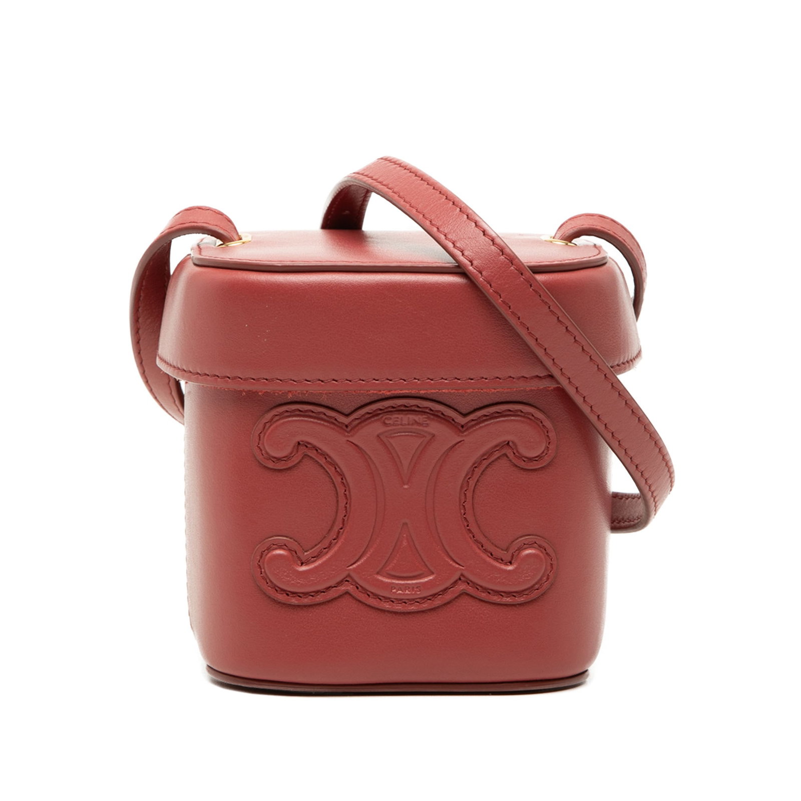 Celine Triomphe Box Crossbody in Red Calfskin Leather: Celine Triomphe Box Crossbody in Red Calfskin Leather Celine Small Calfskin Cuir Triomphe Box Bag in red leather with an adjustable flat leather shoulder strap and top leather cover. This crossbody ba
