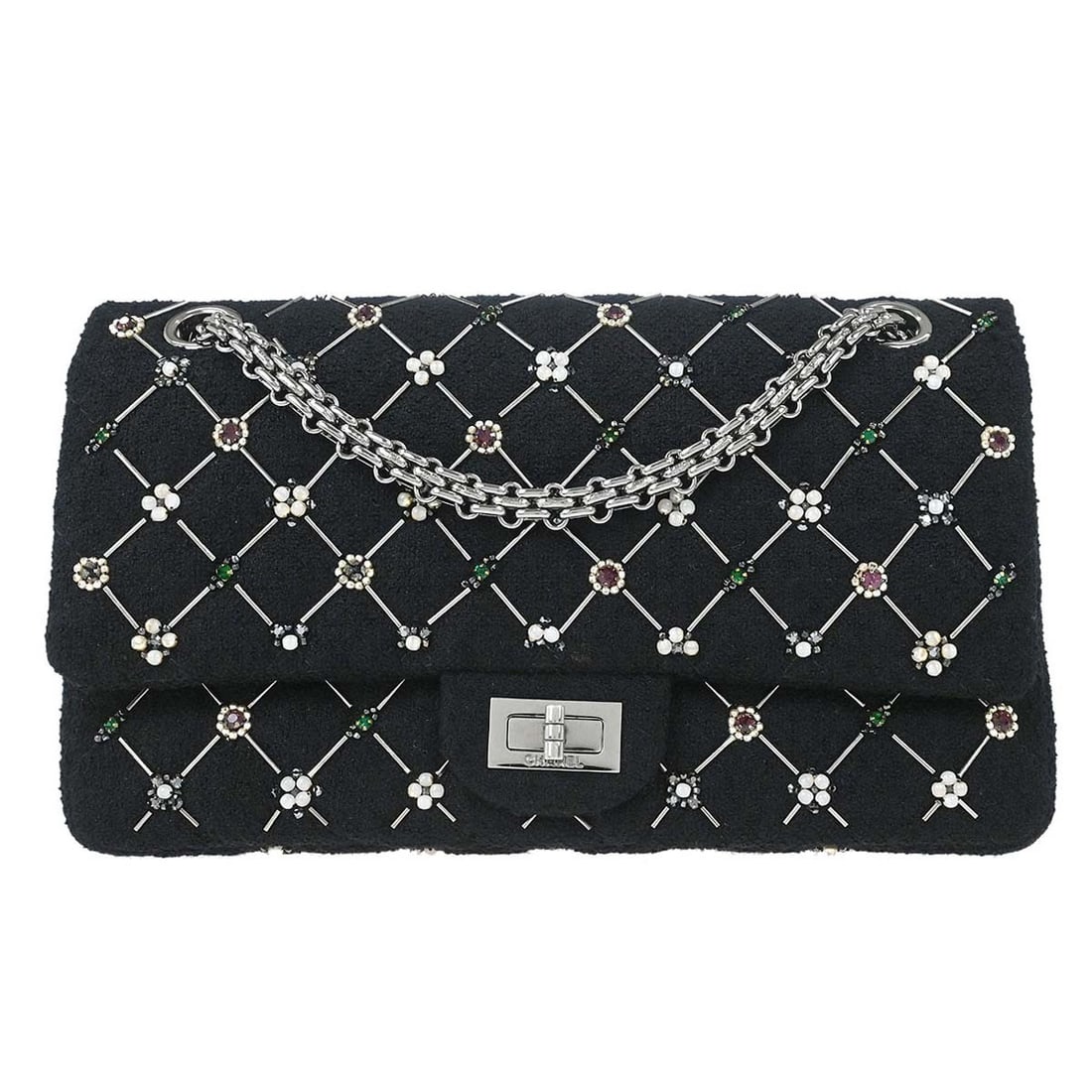 CHANEL Classic Double Flap Medium Tweed Shoulder Bag Black: CHANEL Classic Double Flap Medium Tweed Shoulder Bag Black Chanel Classic Double Flap medium shoulder bag in black tweed with bead detailing and a turnlock closure. This women's shoulder bag features 
