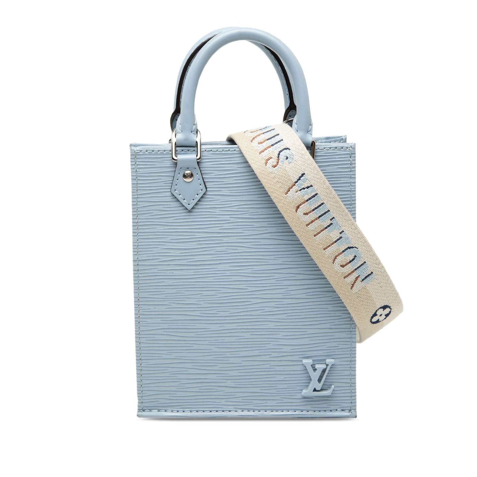 Louis Vuitton Petit Sac Plat Epi Leather Blue Handbag: Louis Vuitton Petit Sac Plat Epi Leather Blue Handbag Louis Vuitton Epi Petit Sac Plat in blue leather with rolled leather handles, a detachable flat strap, an open top, and an interior slip pocket. M