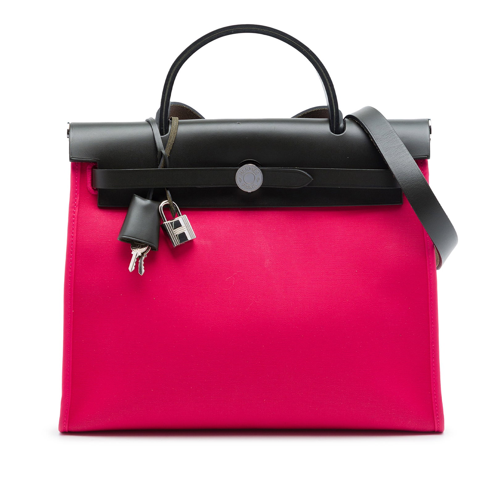 Hermes Herbag Zip 31 Pink Toile Shoulder Bag: Hermes Herbag Zip 31 Pink Toile Shoulder Bag Hermes Toile Herbag Zip 31 in pink fabric with leather trim. This bag features a flat leather top handle, a flat leather shoulder strap, a front flap with 