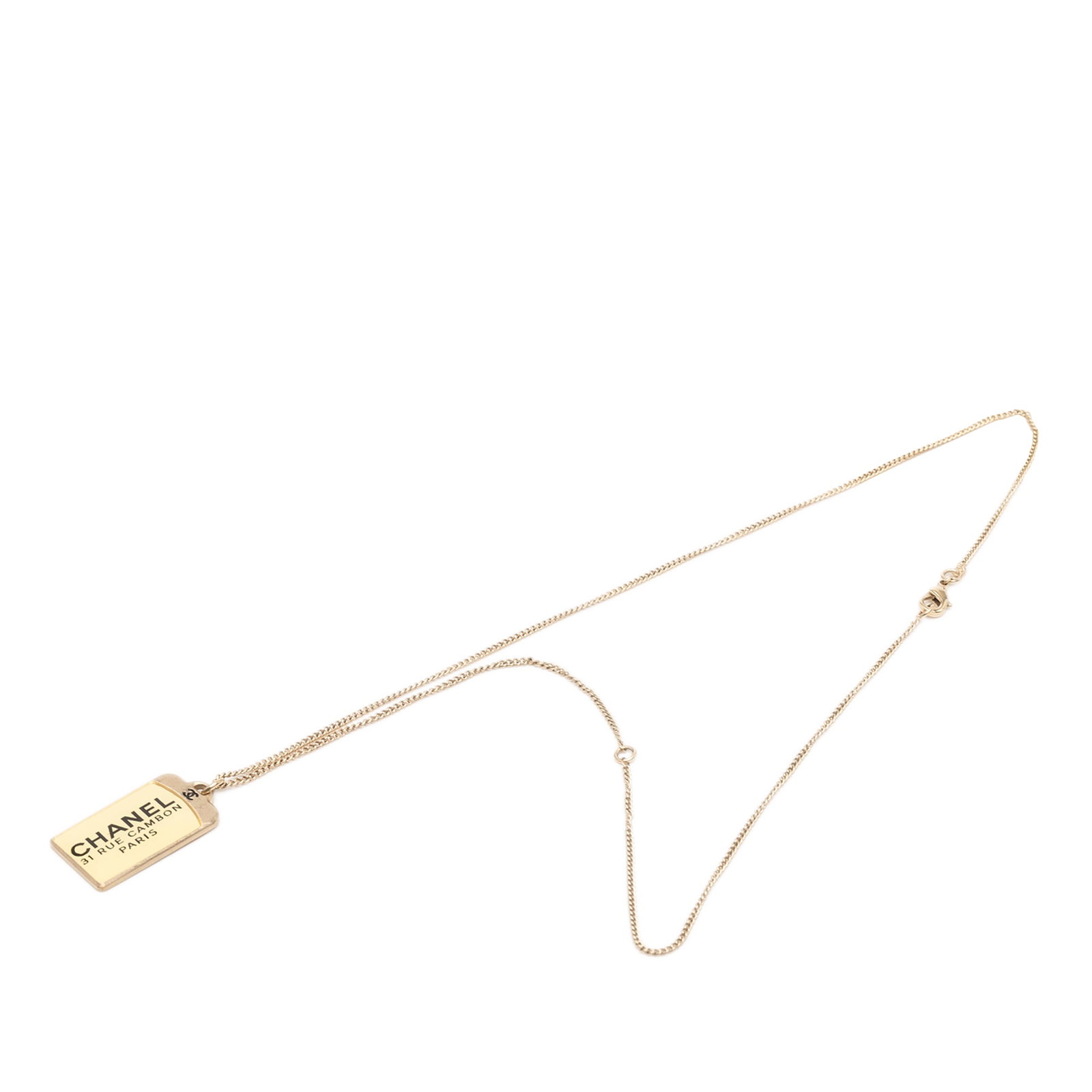 Chanel 31 Rue Cambon CC Dog Tag Necklace Gold Tone Metal: Chanel 31 Rue Cambon CC Dog Tag Necklace Gold Tone Metal Chanel dog tag pendant necklace featuring a gold-tone chain with CC and 31 Rue Cambon pendants. Finished with a lobster clasp closure. Conditio