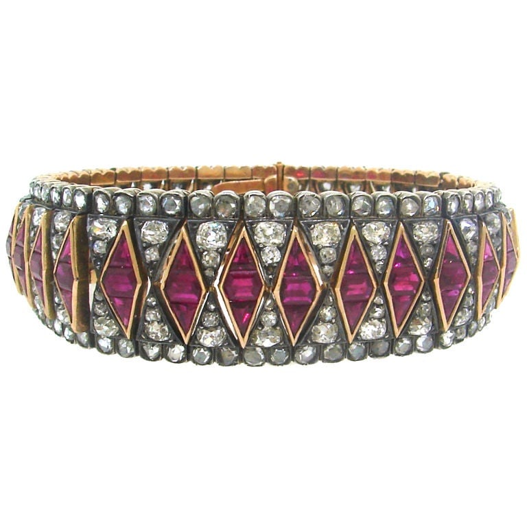 Victorian Ruby Diamond Bracelet in Silver and Rose Gold 1890s: Victorian Ruby Diamond Bracelet in Silver and Rose Gold 1890s Antique Victorian bracelet from Europe, dating to the 1890s. It is made of silver and rose gold with 18k gold, and set with diamond and ru