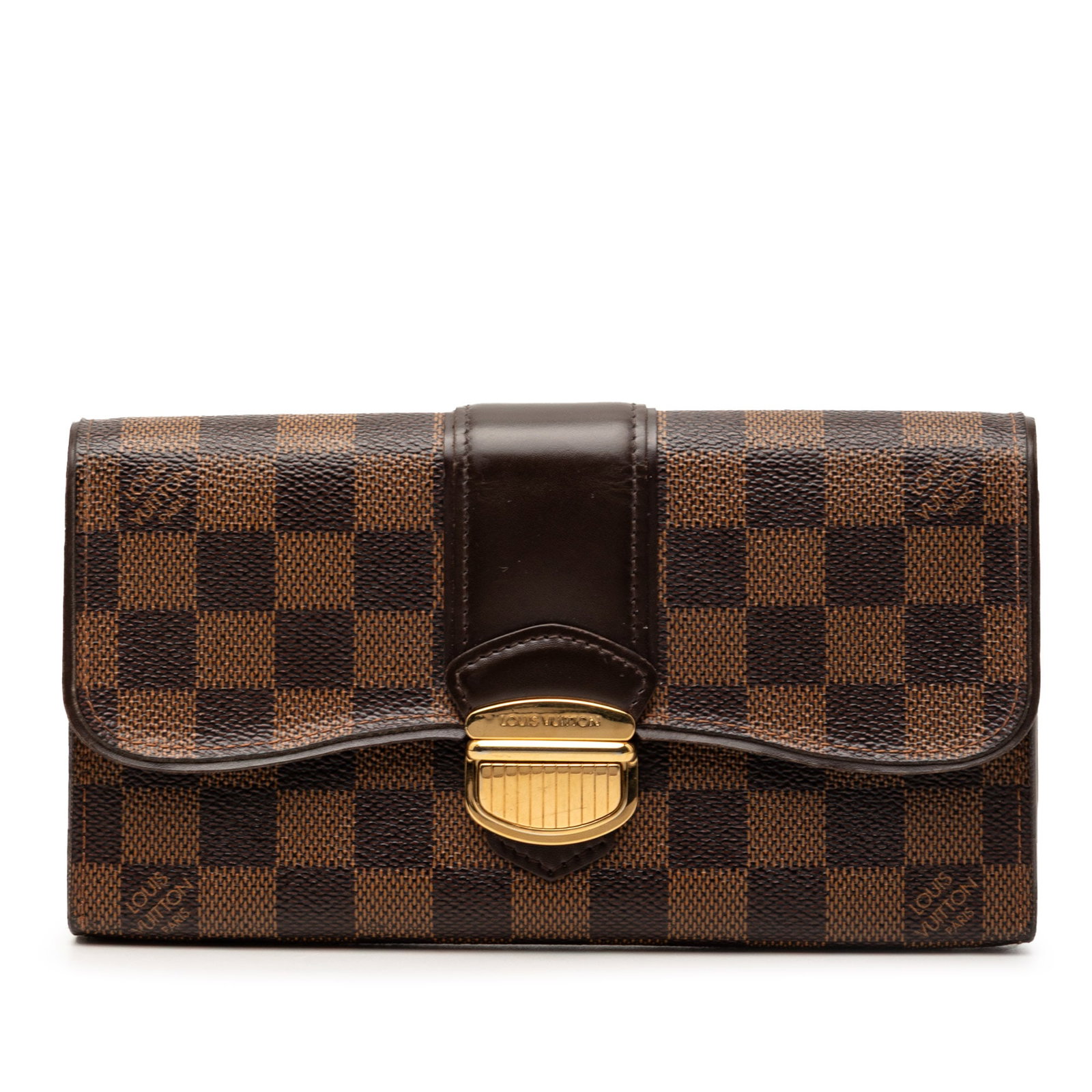 Damier Canvas Sistina Wallet with Leather Trim by Louis Vuitton: Damier Canvas Sistina Wallet with Leather Trim by Louis Vuitton This Louis Vuitton Damier Ebene Sistina Portefeuille Wallet features a Damier canvas body with leather trim, a front flap with a push lo