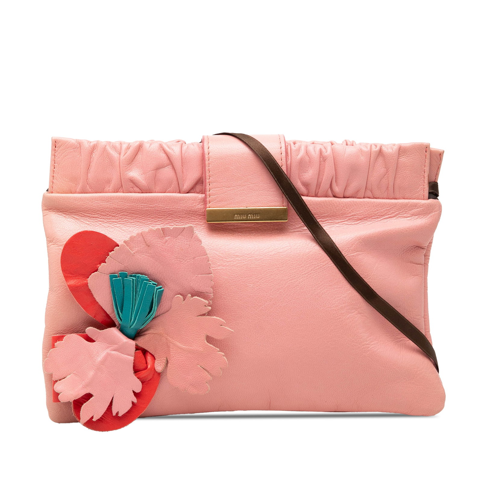 Miu Miu pink lambskin crossbody clutch with floral applique: Miu Miu pink lambskin crossbody clutch with floral applique Miu Miu crossbody bag in pink lambskin leather with flower applique detail, a flat strap, pleated top, and magnetic closure. It includes an 